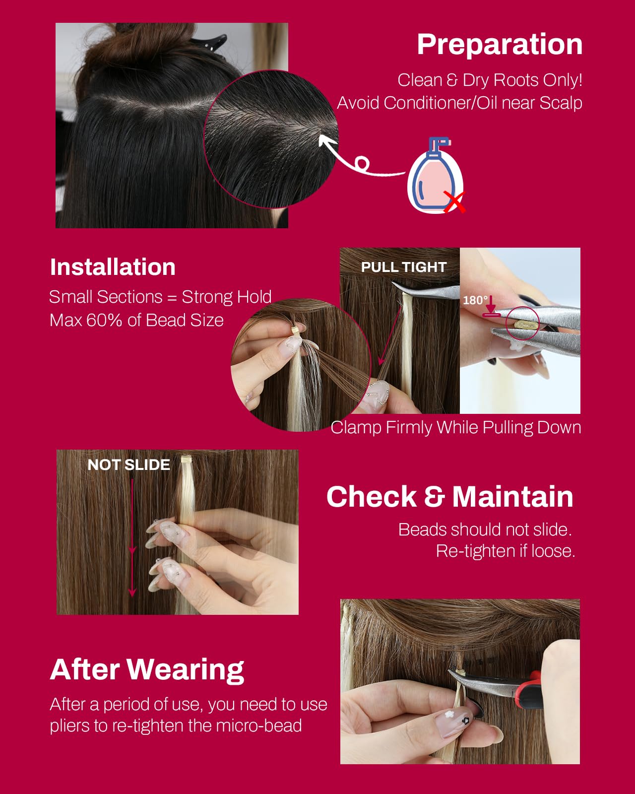 Moresoo Extension à Froid Cheveux Naturel Vigne Rouge Foncé Remy Invisible 45 cm 50g 50 Mèches