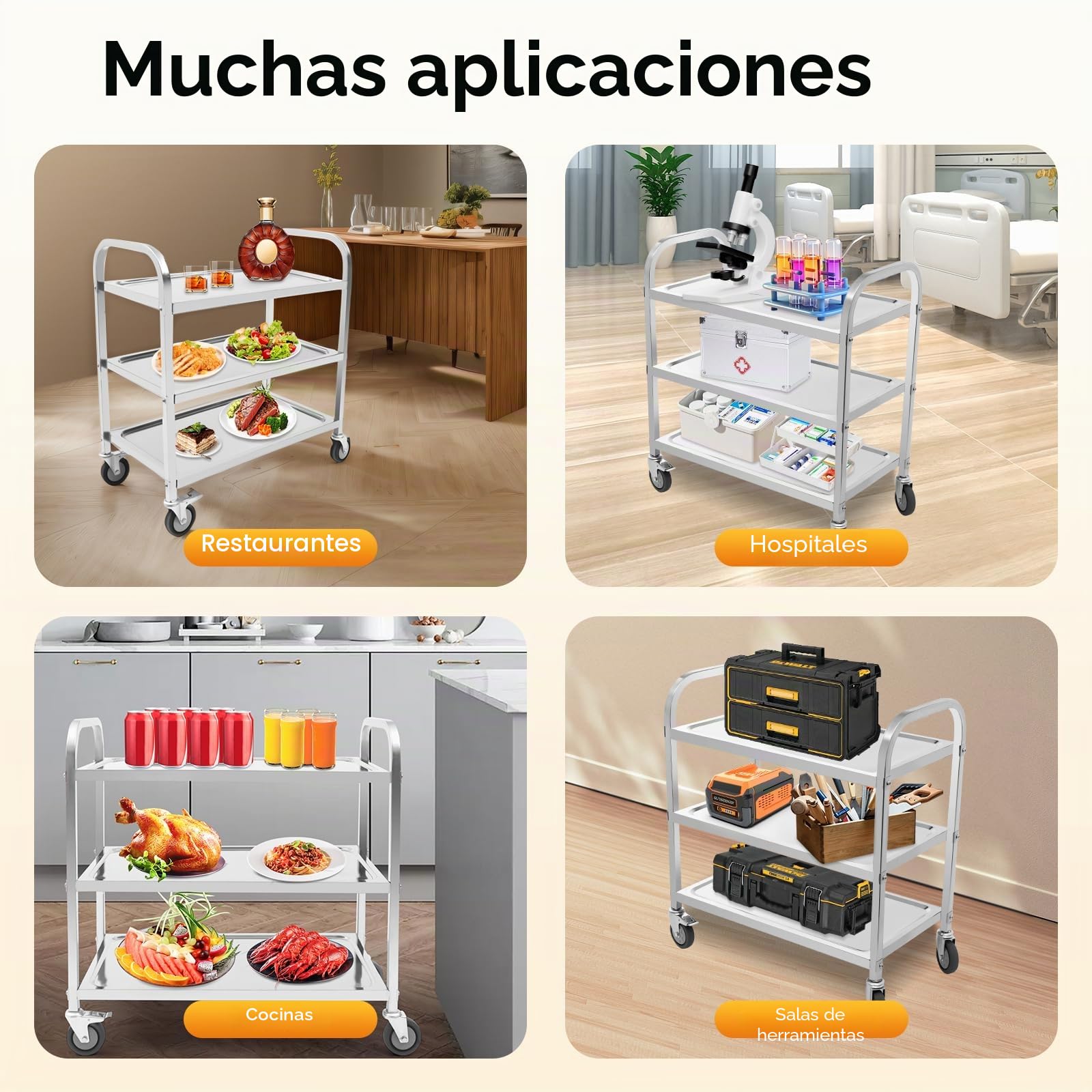 Carro de cocina de acero inoxidable de 3 niveles con asa, carrito de servicio con ruedas con freno, estante de cocina máx. 60 kg, carrito multifuncional para comedor, salón, hotel