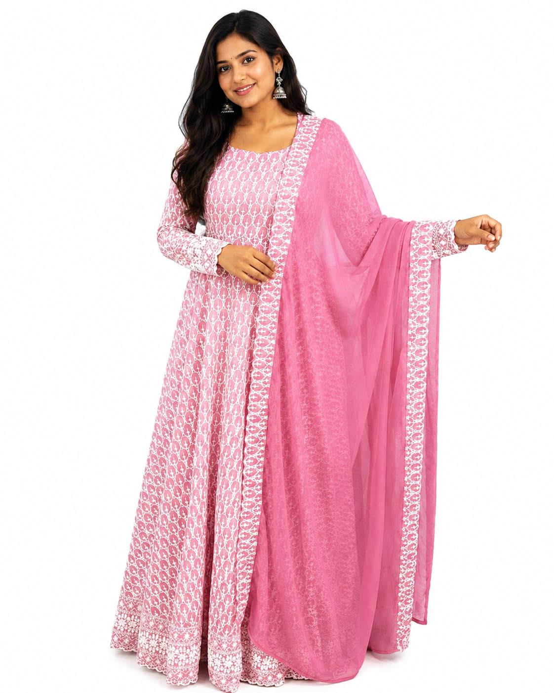 Women's Georgette Ethnic Gown with Dupatta, Ankle Length Flared Dress, Full Sleeves, Traditional Indian Wear-image-2