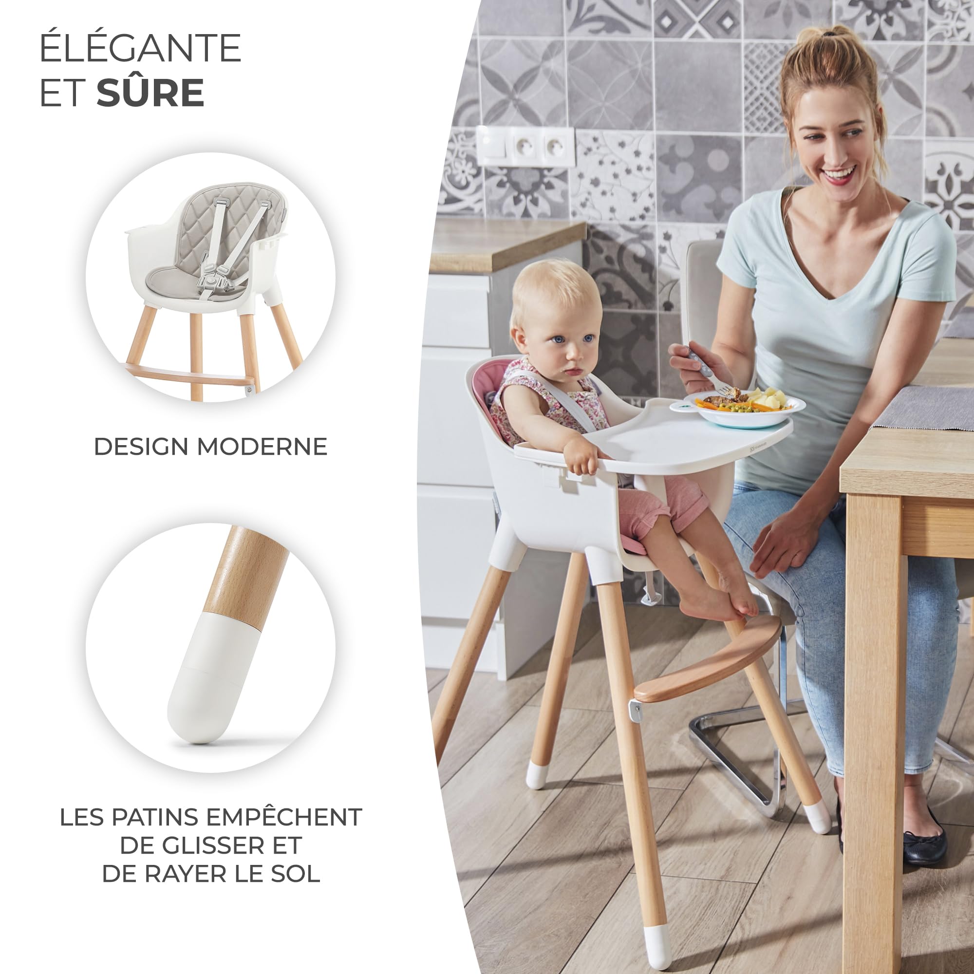 Kinderkraft SIENNA Chaise Haute Bébé 2 en 1 Plateau Amovible Gris