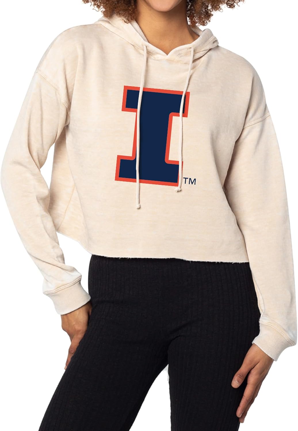 chicka-d Women's Relaxed Dropped Shoulder Cropped Fleece Hoodie NCAA Primary Team Icon Neutral, Illinois Illini, Oatmeal, X-Large