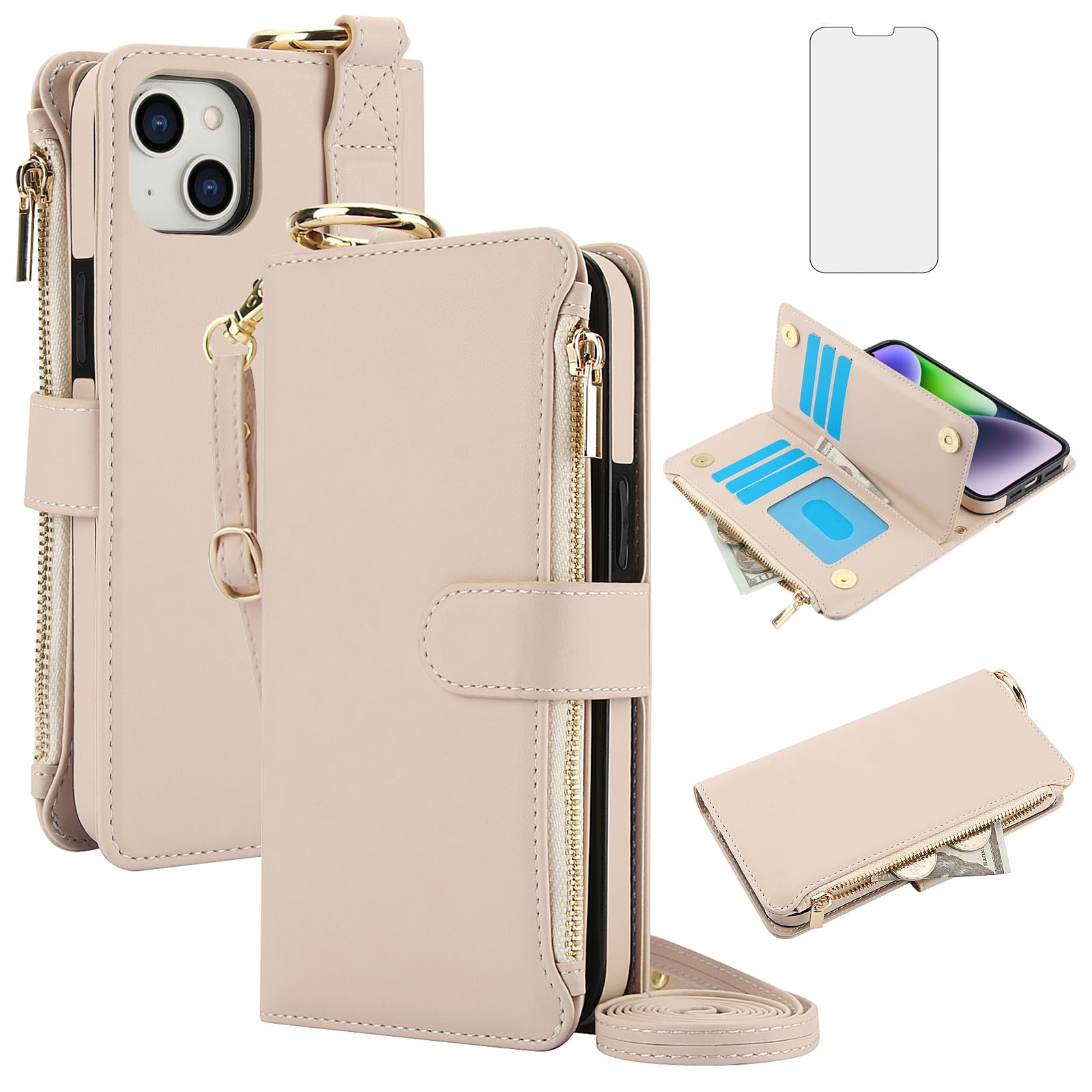 Asuwish Phone Case for iPhone 14 6.1 inch Zipper Wallet with Tempered Glass Screen Protector Crossbody Strap Card Holder Stand Flip Cell Cover