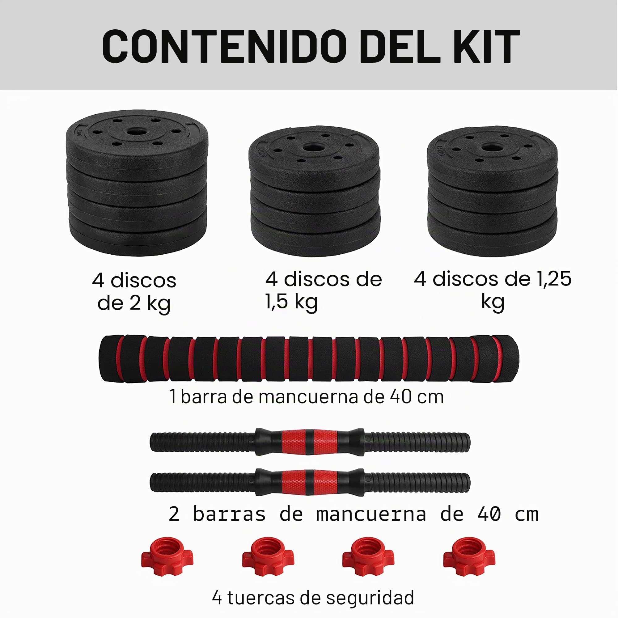 wuuhoo® set de mancuernas ajustables Arni - set de 2 mancuernas de 30mm, pesas y barra de extensión, juego de plástico con cierre de estrella, entrenamiento