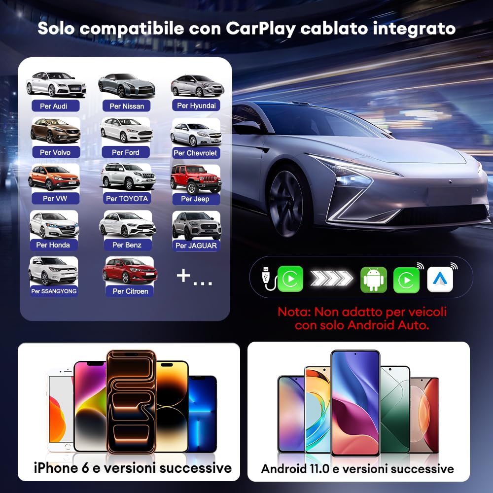 Carlinkit Adattatore CarPlay CP2A Pro senza fili - Supporta lo streaming di Netflix/YouTube/TikTok Lite per auto CarPlay cablate di fabbrica, dongle Android senza fili e per auto, USB-A/C