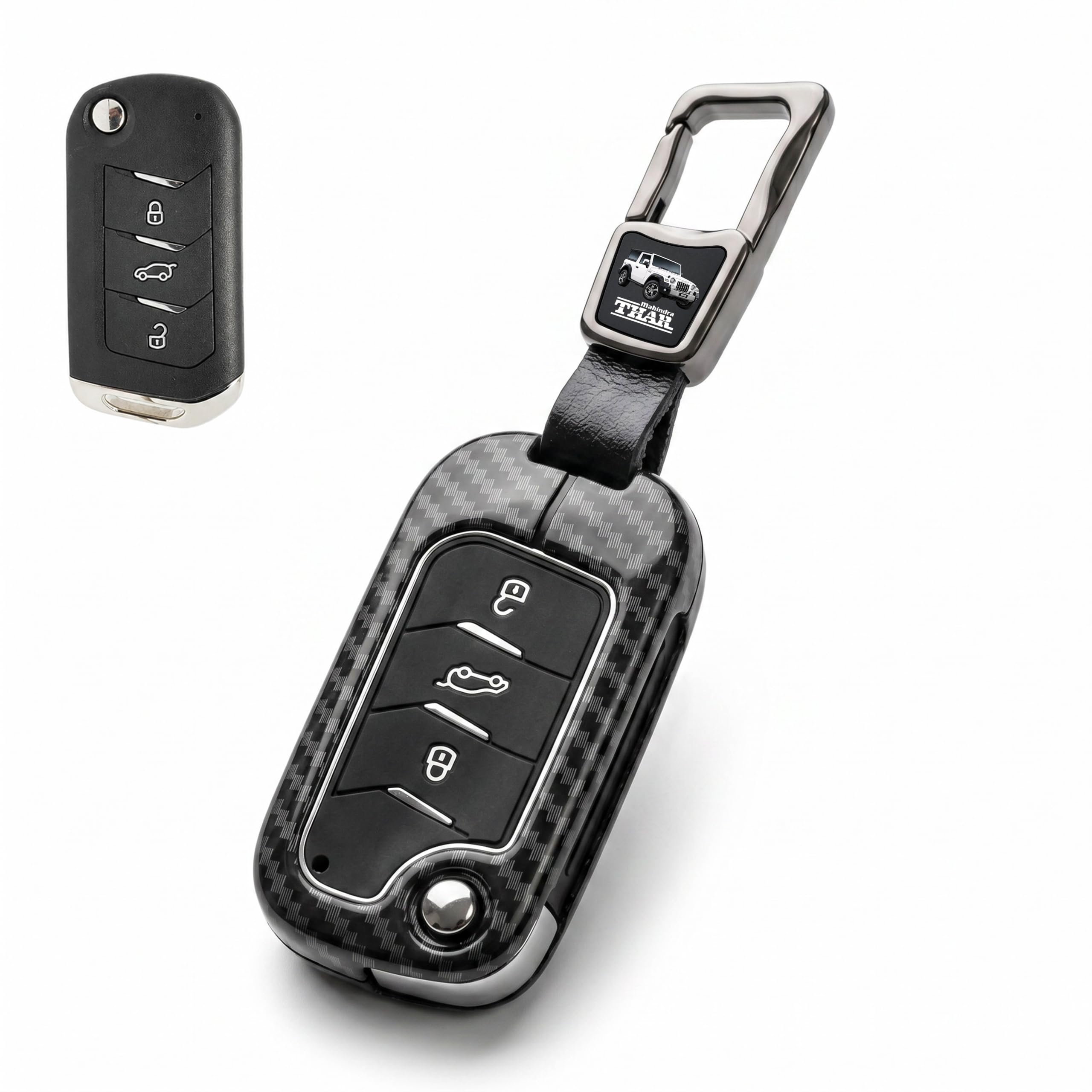 Greenworld Carbon Fiber Metal Key Cover- Compatible for Mahindra | 3 Button Smart Key | Carbon Fiber Finish | Metal Build | Keychain Included | 360° Protection | Precise Button Access-image-24