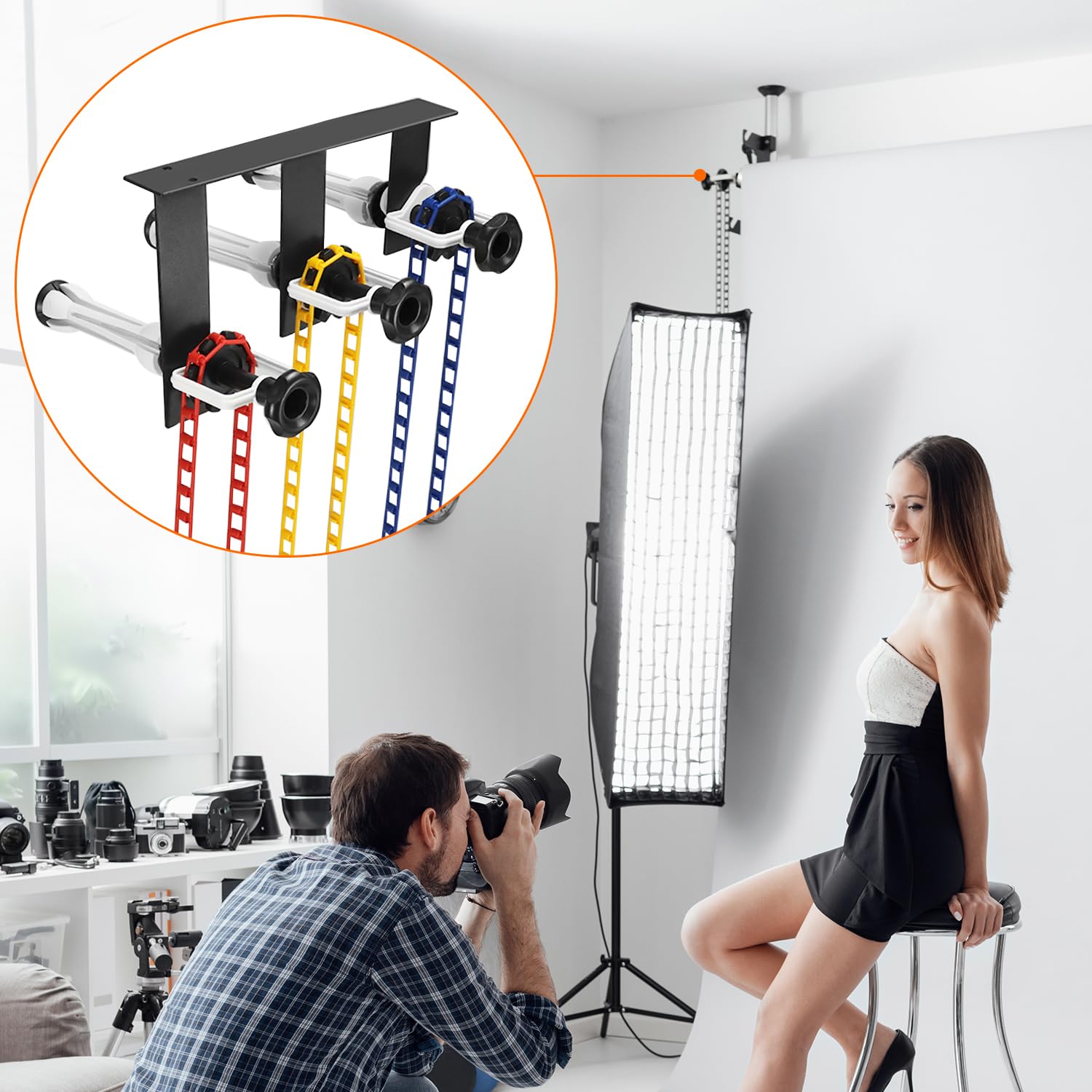 Système de Suspension de Fond Photographique QWORK® pour 3 Rouleaux - Montage Mur/Plafond - Convient aux Rouleaux d'un diamètre intérieur de 50/60 mm - Charge sûre de 10 kg par Rouleau