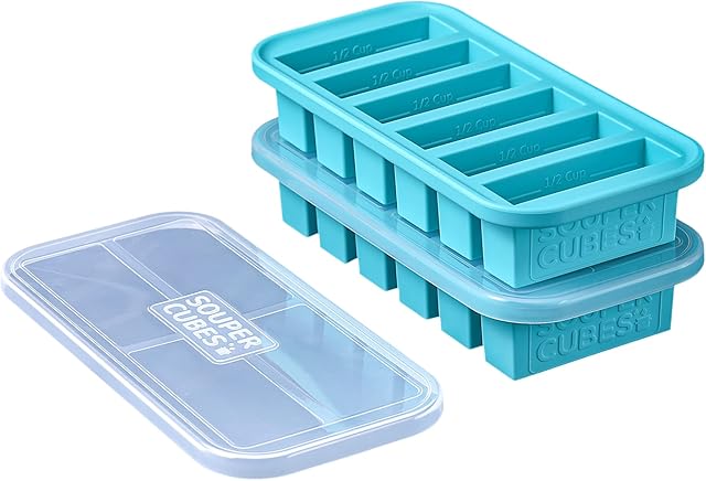 Souper Cubes 1/2 Cup Freezing Tray with lid, Pack of 2, makes 12 perfect 1/2 cup portions, freeze pesto, salsa, or sauce