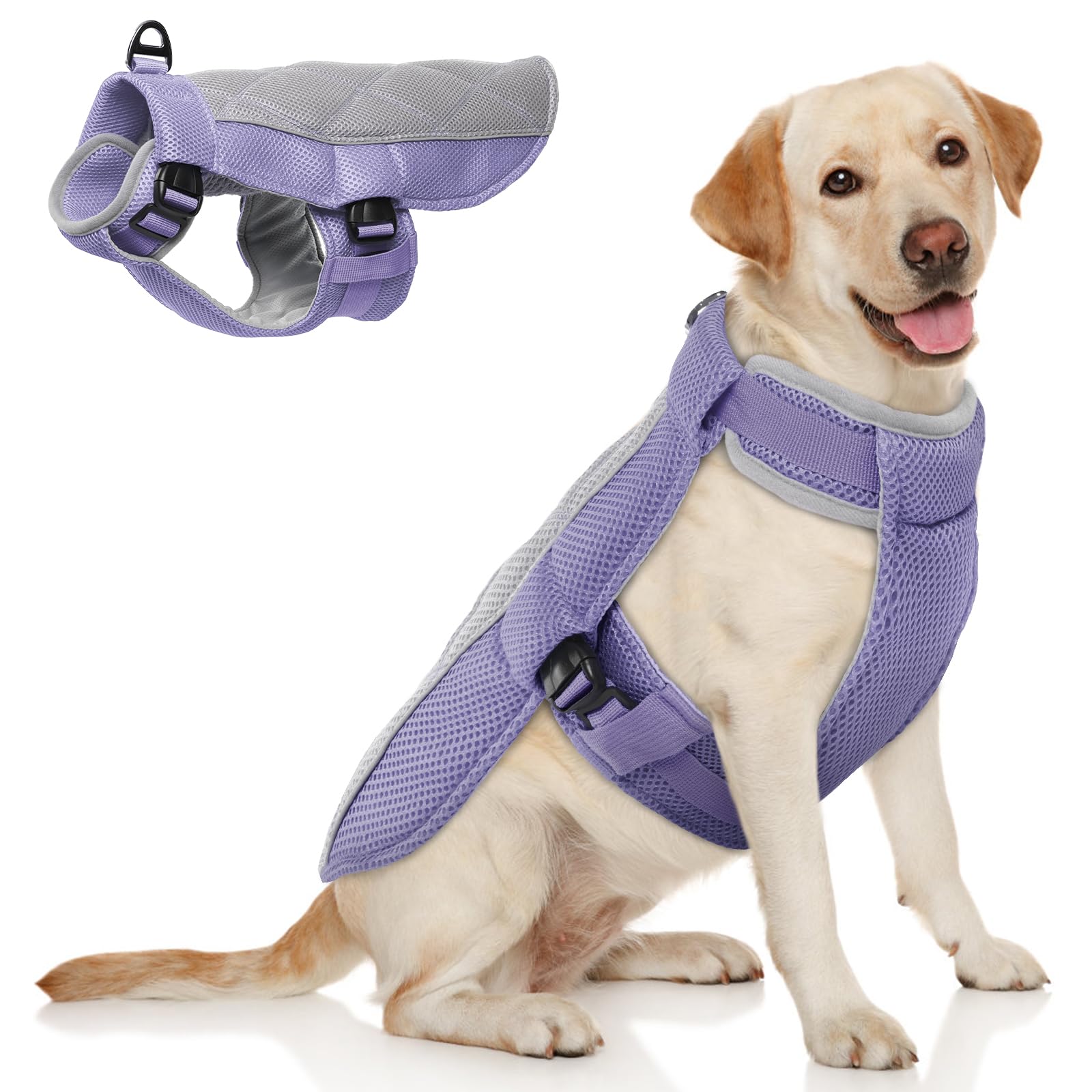 Dog Cooling Coat, Summer Dog Cool Coat with Harness, Dogs Cooling Vest with Adjustable Neck and Tummy, Jacket for Dogs with Longer Coolness for Walks, Hikes, Beach Trips, Lavender L