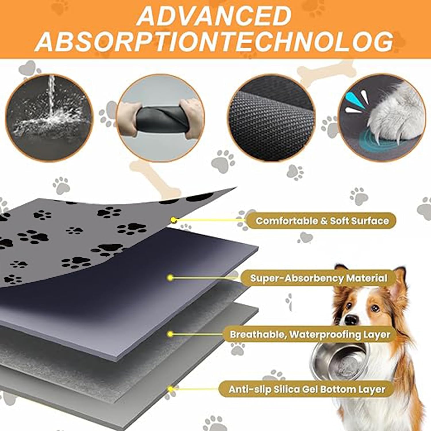 18"×30" Dog Food Mat-Absorbent Dog Mat for Food and Water, No Stains Quick Dry Cat Food Bowl Mat with Footprints for Messy Drinkers,Light Gray image 5
