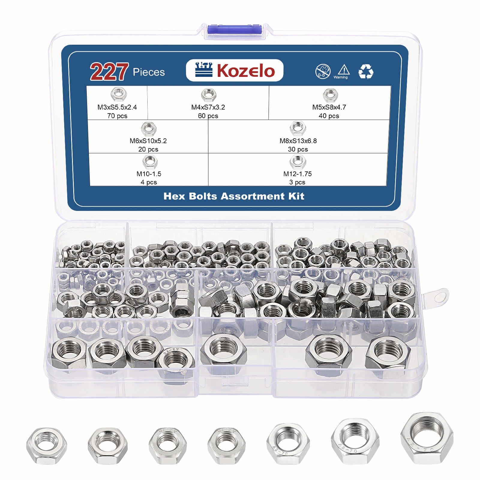 Kozelo 227pcs Hex Nuts Assortment Kit - [M3-0.5 M4-0.7 M5-0.8 M6-1 M8-1.25 M10-1.5 M12-1.75] 304 Stainless Steel 18-8 (A2-70) Hardware Nuts Set for Mechanical Repair & Assembly, Silver