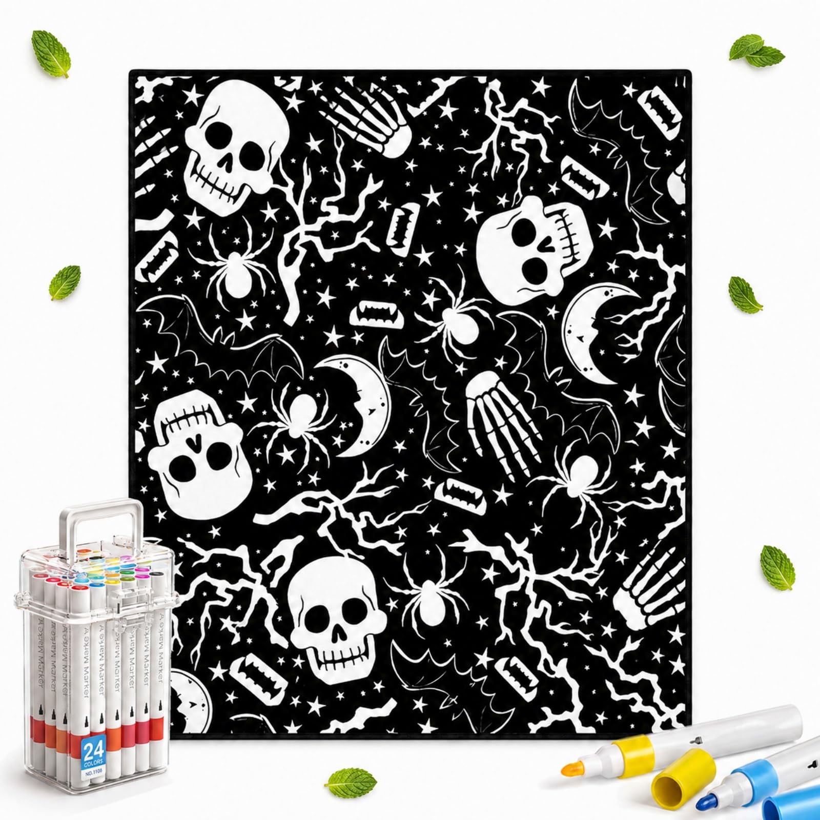 Xiaoheitutu Halloween Coloring Blanket with 24 Markers, 50×60 in (Kit C)