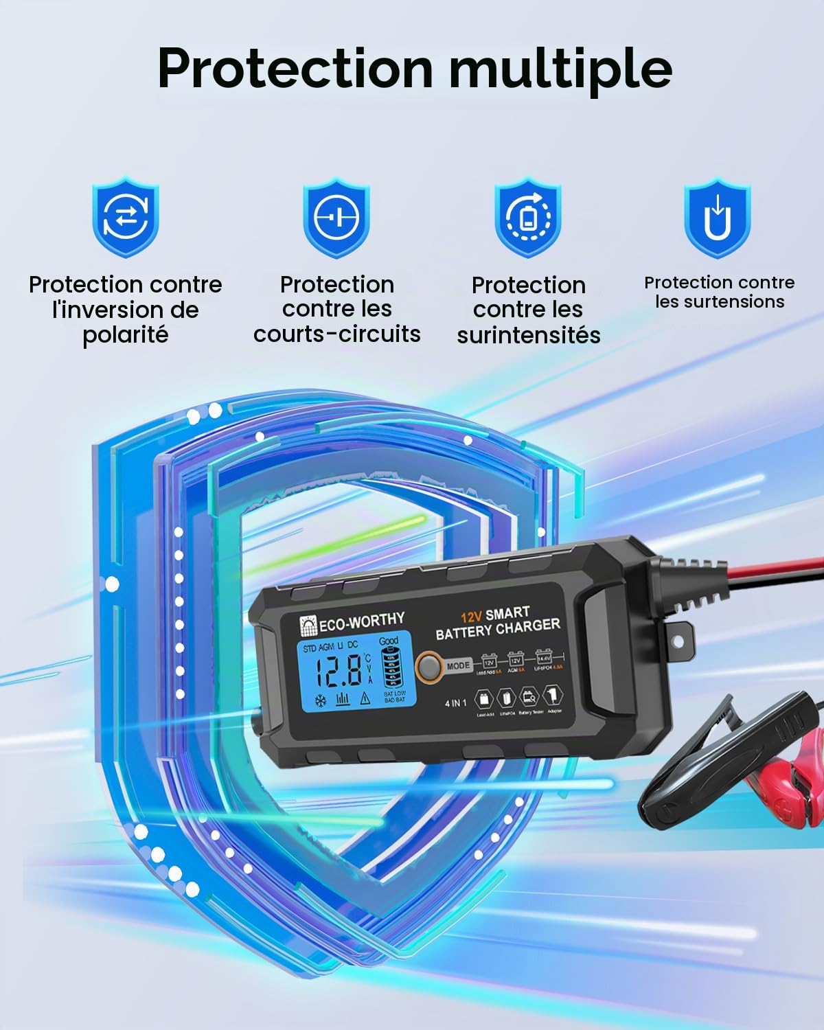 ECO-WORTHY Chargeur de batterie LiFePO4 au lithium 12 V 5 A (prise britannique) automatique intelligent et mainteneur avec écran LCD pour batterie au plomb et lithium (LiFePO4) scooter