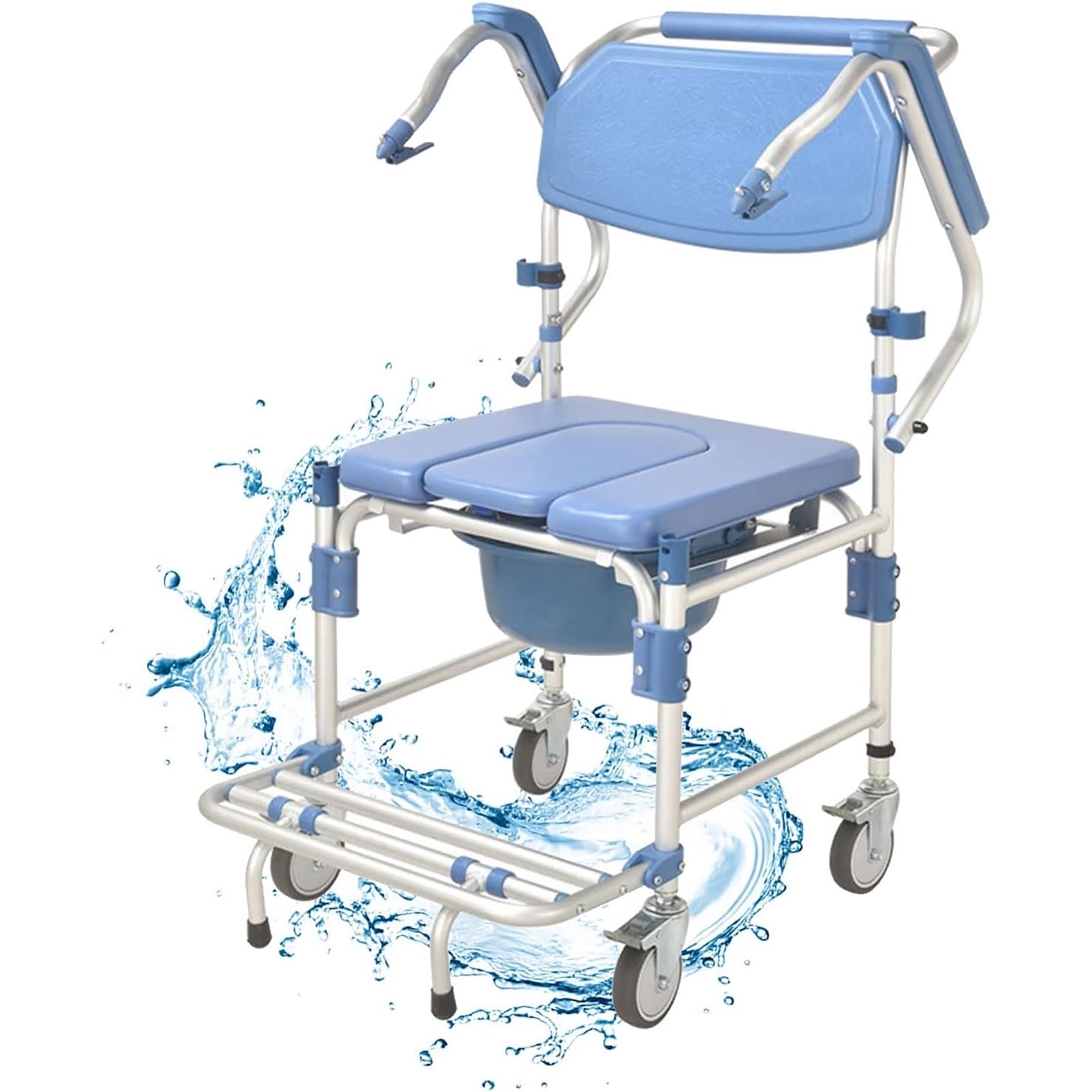 Chaise d'aisance roulante bleue avec seau amovible pour seniors