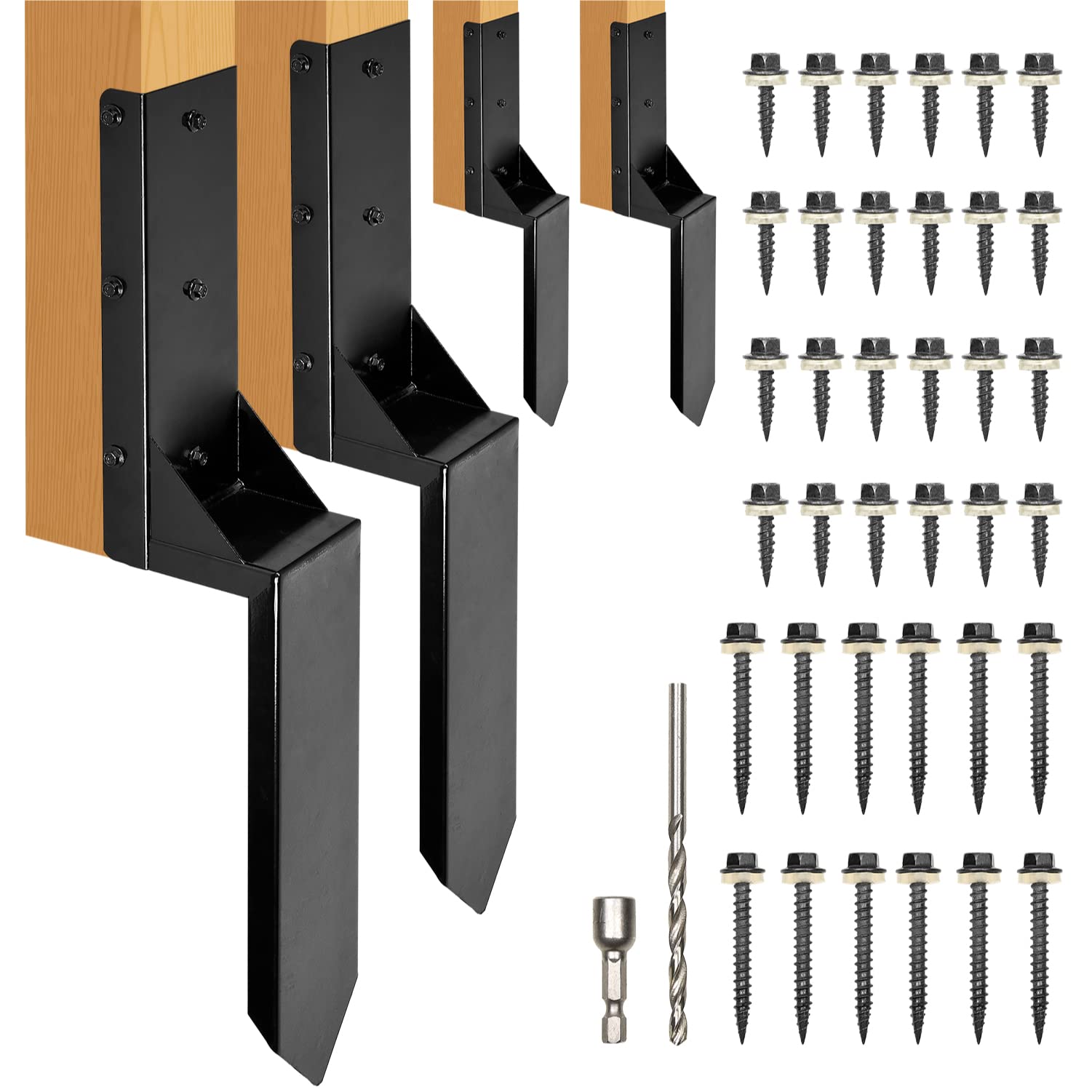 Fence Post Repair Kit 4''x4'', Heavy Duty Steel Fence Post Anchor Ground Spike 4''x4'' for Wooden Fence Post Repair, Wooden Fence Base Contruction (Black - Set 4)