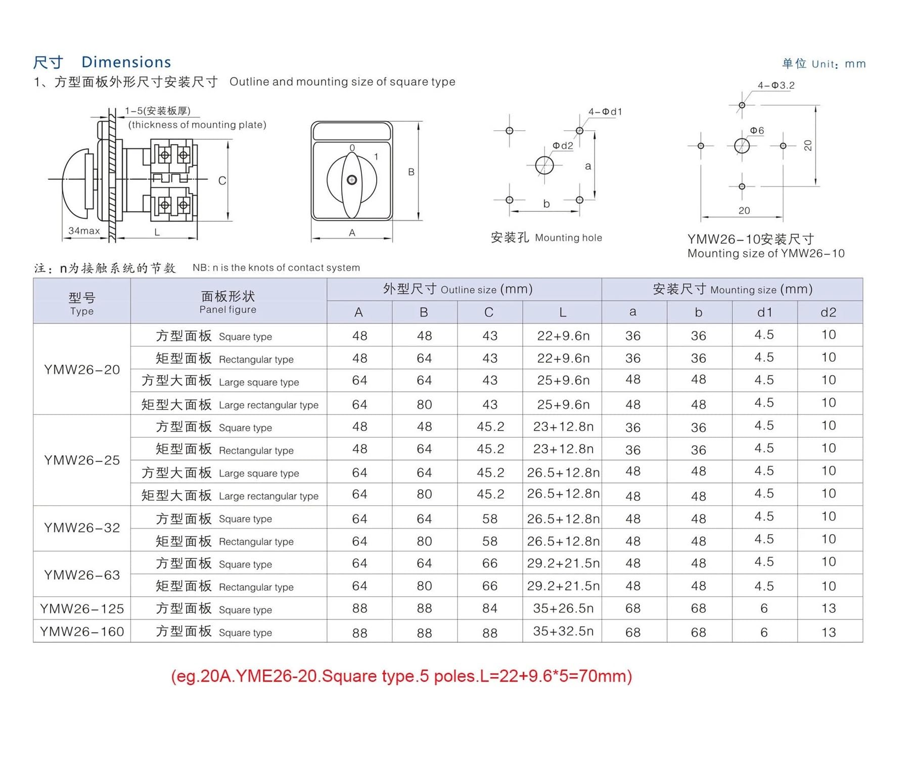 LW26-20/5 Girar 10 posiciones, interruptor de circuito de alimentación de un solo cable de 5 secciones, control de conversión CAM