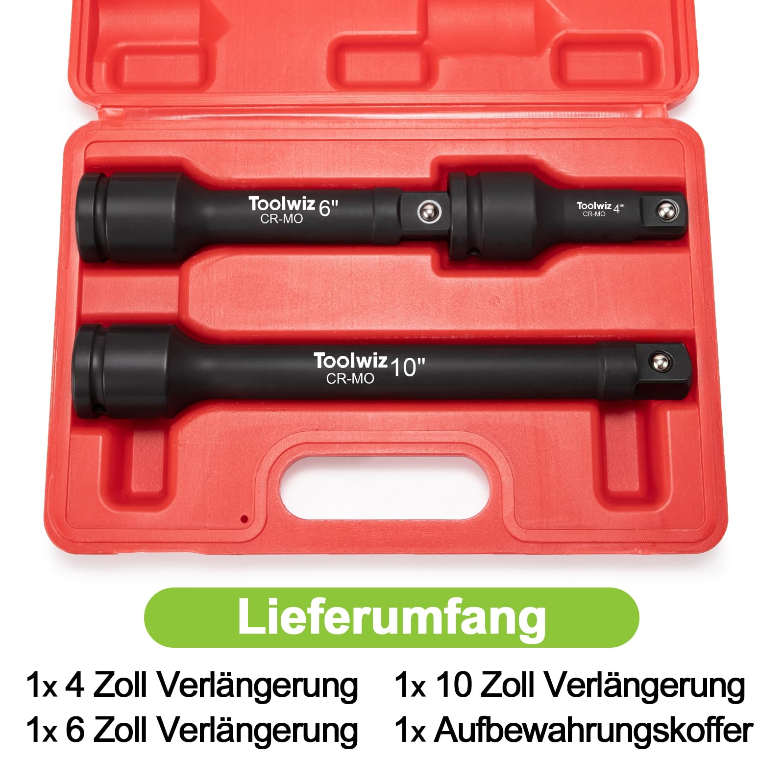 Toolwiz 1,9 cm (3/4 Zoll) Antriebsschlag-Verlängerungsstange, 10,2 cm, 15,2 cm, 25,4 cm (3 Stück), Cr-Mo-Stahl-Schlagschrauberwerkzeuge, erweitern Sie das Sortiment an Schlagschraubern, organisiert in