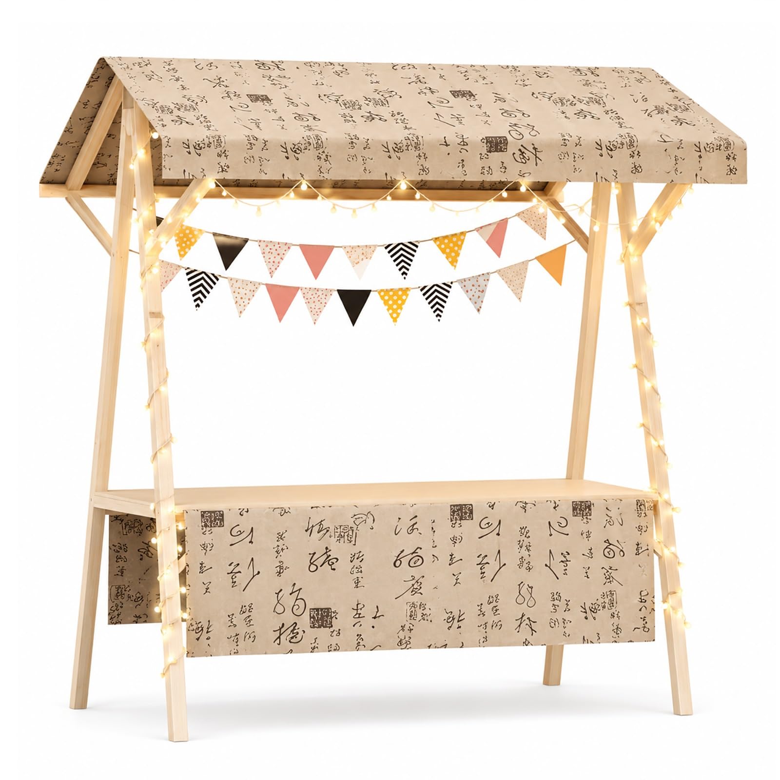 SBCWH Farmers Market Stand with Wheels, Foldable Wooden Vendor Booth Cart, Portable Lemonade Stand with String Lights & Bunting Flags, for Market, Party, Retail Display(Brown,120cm/47in)