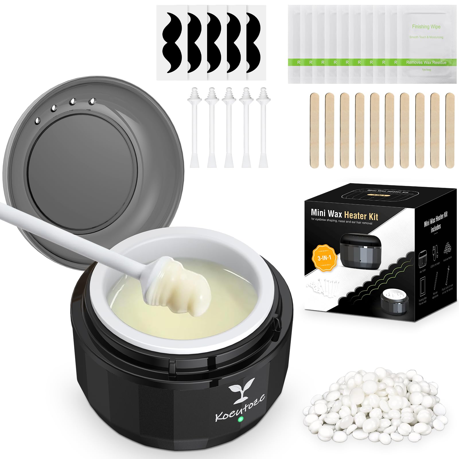Cire Epilation Nez Kit pour Hommes et Femmes, Chauffe Cire epilation Visage avec 100g Perles de Cire, 5 Bâtonnets Nasaux et Oreilles, 10 Pochoirs Moustache, Chauffe USB & Température Stable