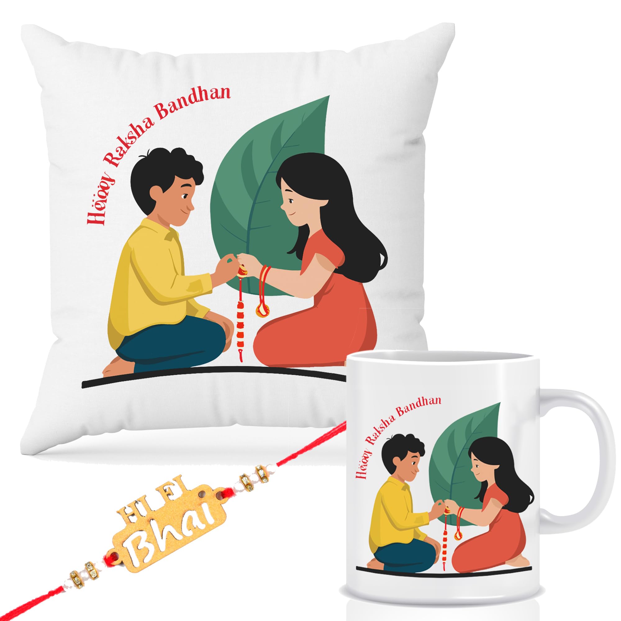 Raksha Bandhan Gift Combo – Cushion with Filler, Printed Coffee Mug & 1 Rakhi | Cute Brother Sister Cartoon Design | Rakhi Gift Set for Brother, RKCMUG-08