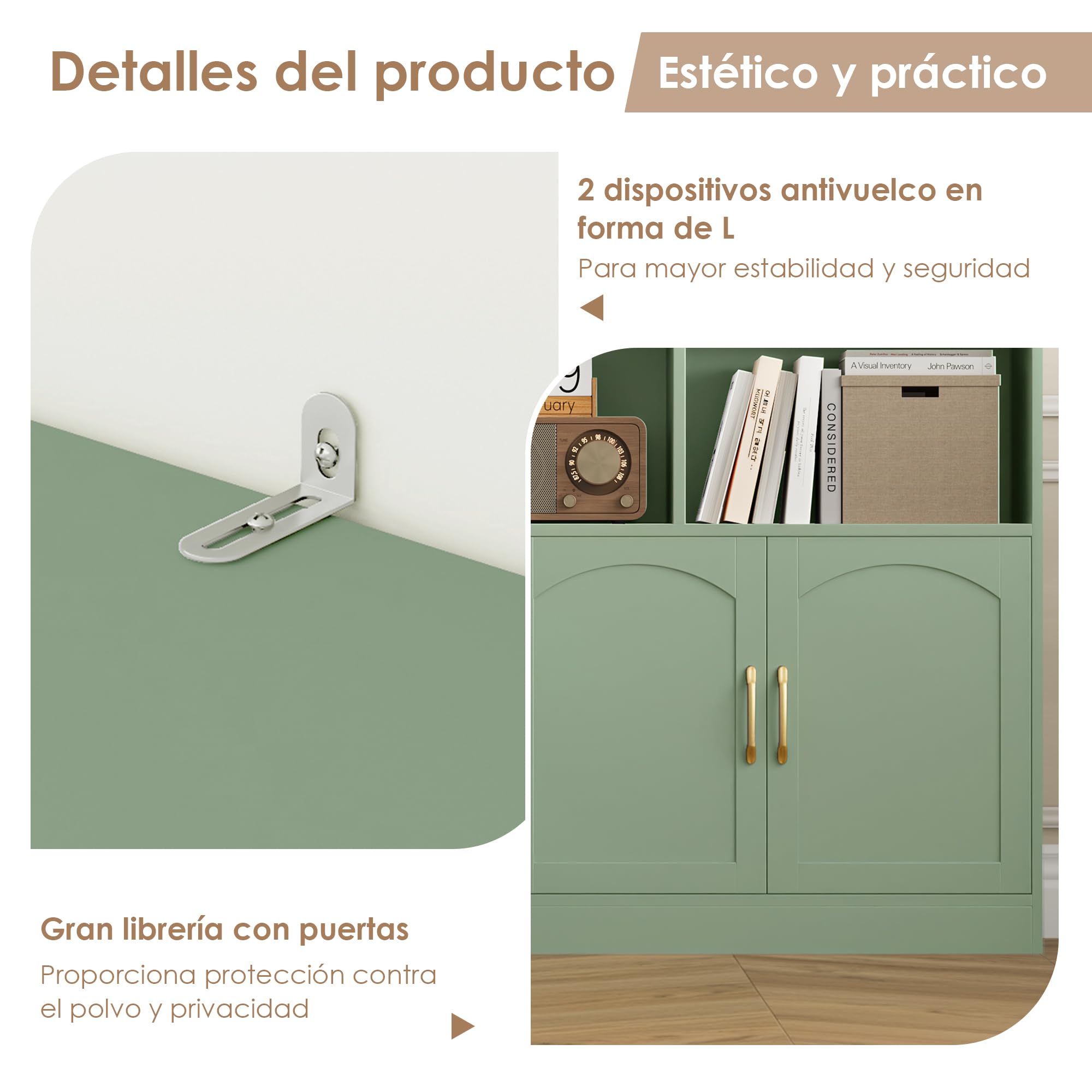 FirFurd Librería con Puertas, Estantería con Puertas, 3 Filas y 5 Niveles | Librería Salón, Vitrina Salón, Estantería Libros, Estanterias Almacenaje Madera, 4 Puertas, Verde, 150x23.7x209cm