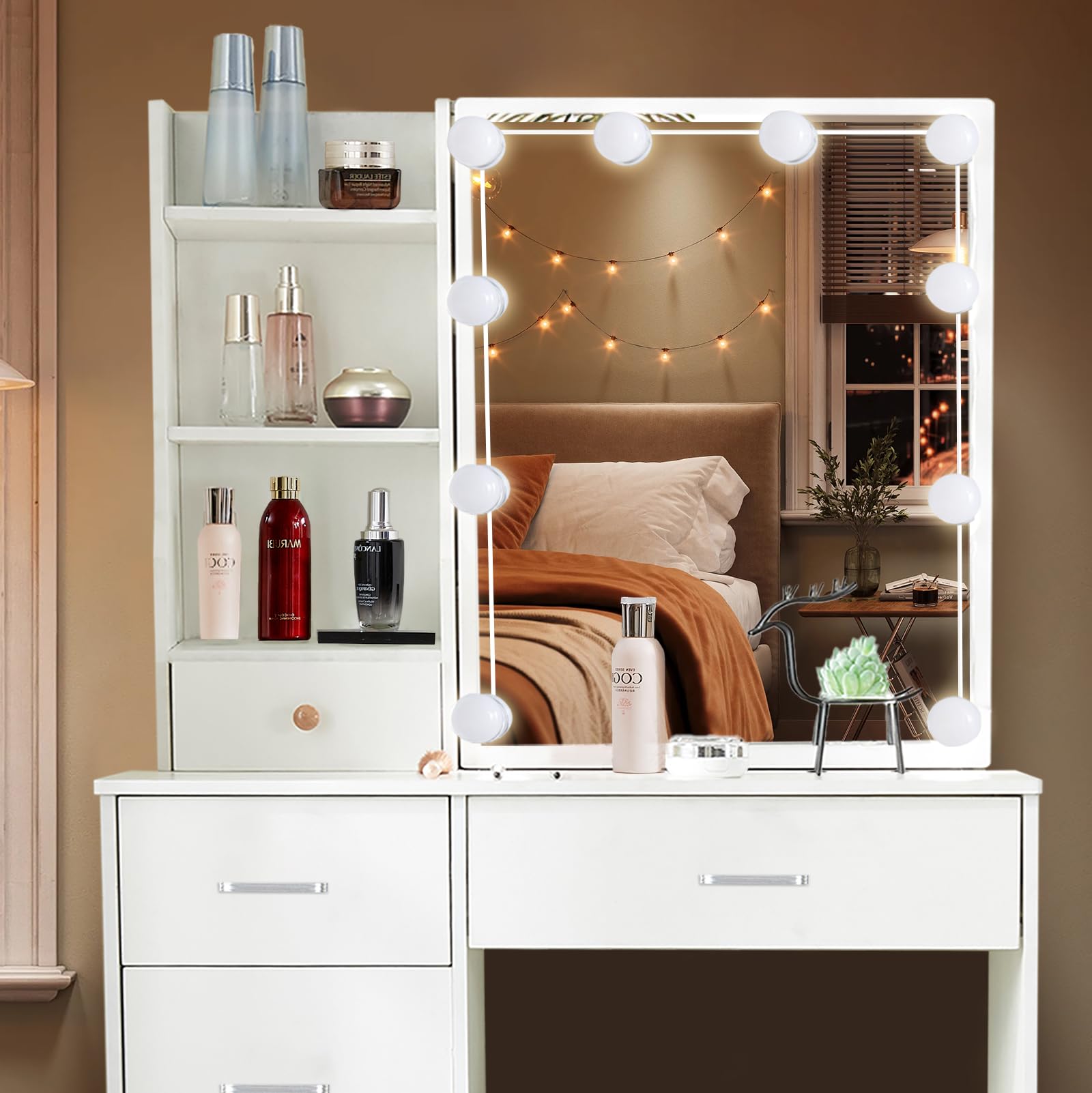 Postazionetrucco, Specchiera con regolabile LED illuminato, Toletta da camera da letto con 6 cassetti e 3 ripiani aperti
