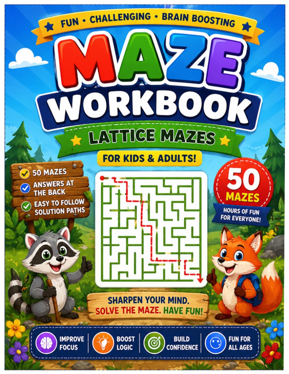 Lattice Maze Workbook for Kids and Adults: 50 Fun & Challenging Mazes | Answer Key Included