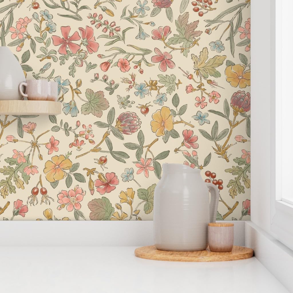 Spoonflower Peel & Stick Wallpaper 6ft x 2ft - Floral Watercolor Vintage Flowers Retro Antique Custom Removable Wallpaper
