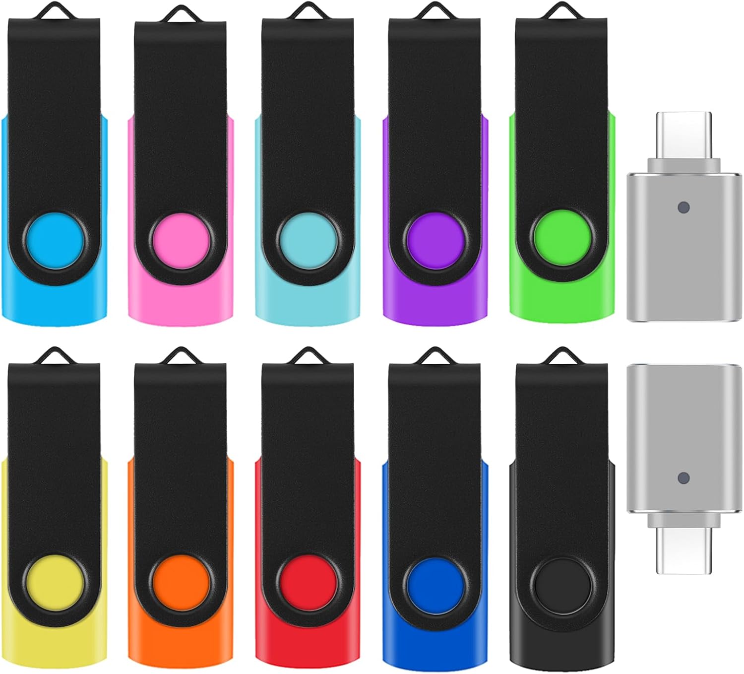 10 Pack 16GB Flash Drives with 2 USB C Adapters, Thumb Drive, Memory Stick Compatible with PC, Laptops, Mac and Adapters for USB C Devices (10 Mixed Color)