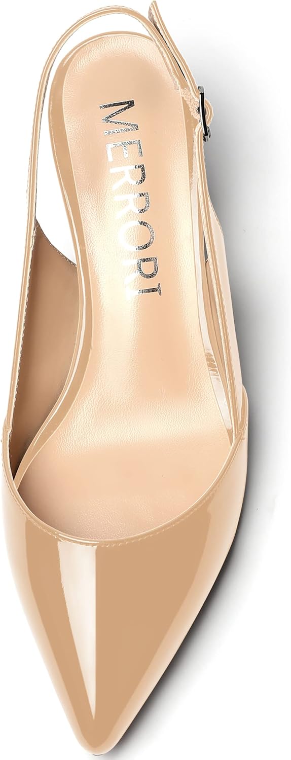 MERRORI Women's Solid Block Pointed Toe Slingback Buckle Patent Chunky Low Heel Pumps Shoes 2 Inch