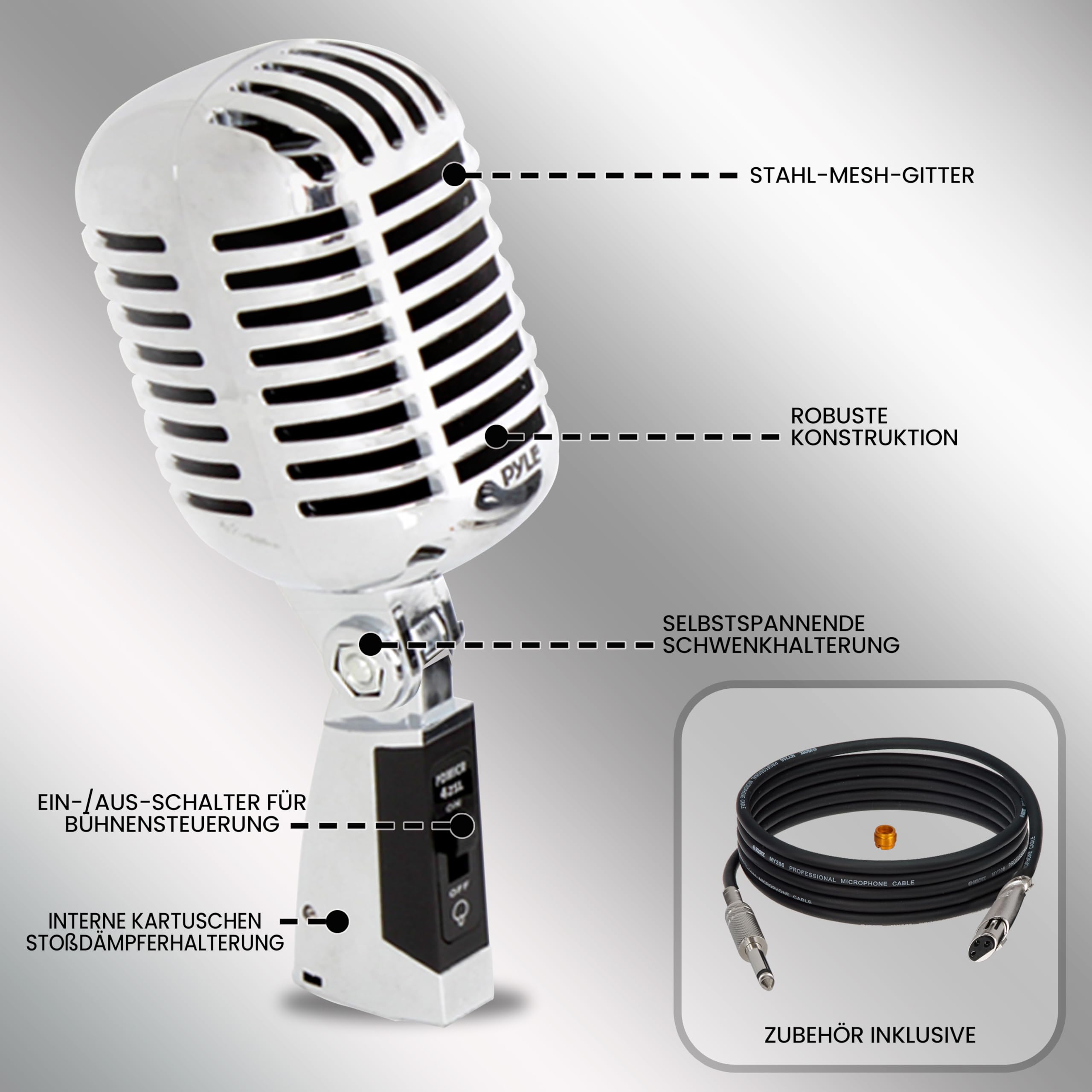 Pyle Mikrofon, Dynamisches Mikrofon, Klassisches Retro Vintage Style- Mic, Gesangmikrofon- mit 4,88 m XLR-Kabel- Kompatibel mit universellem Ständer, Für Live-Auftritte & Studioaufnahmen, Silber