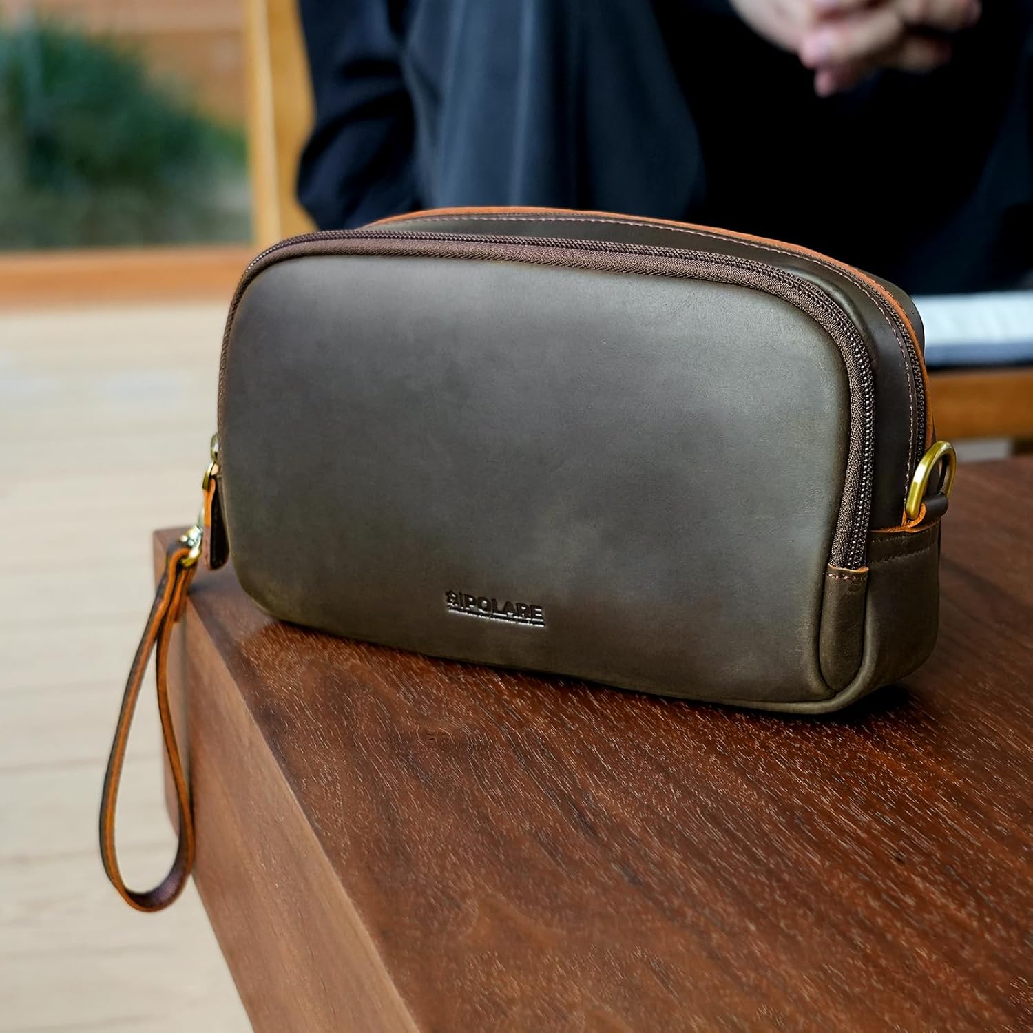 Polare Full Grain Leather Travel Electronics Organizer Case Cable Storage Carry Bag with YKK Zippers Tech Pouch for Cord, Phone, Cables, USB, SD Card, Travel Essentials