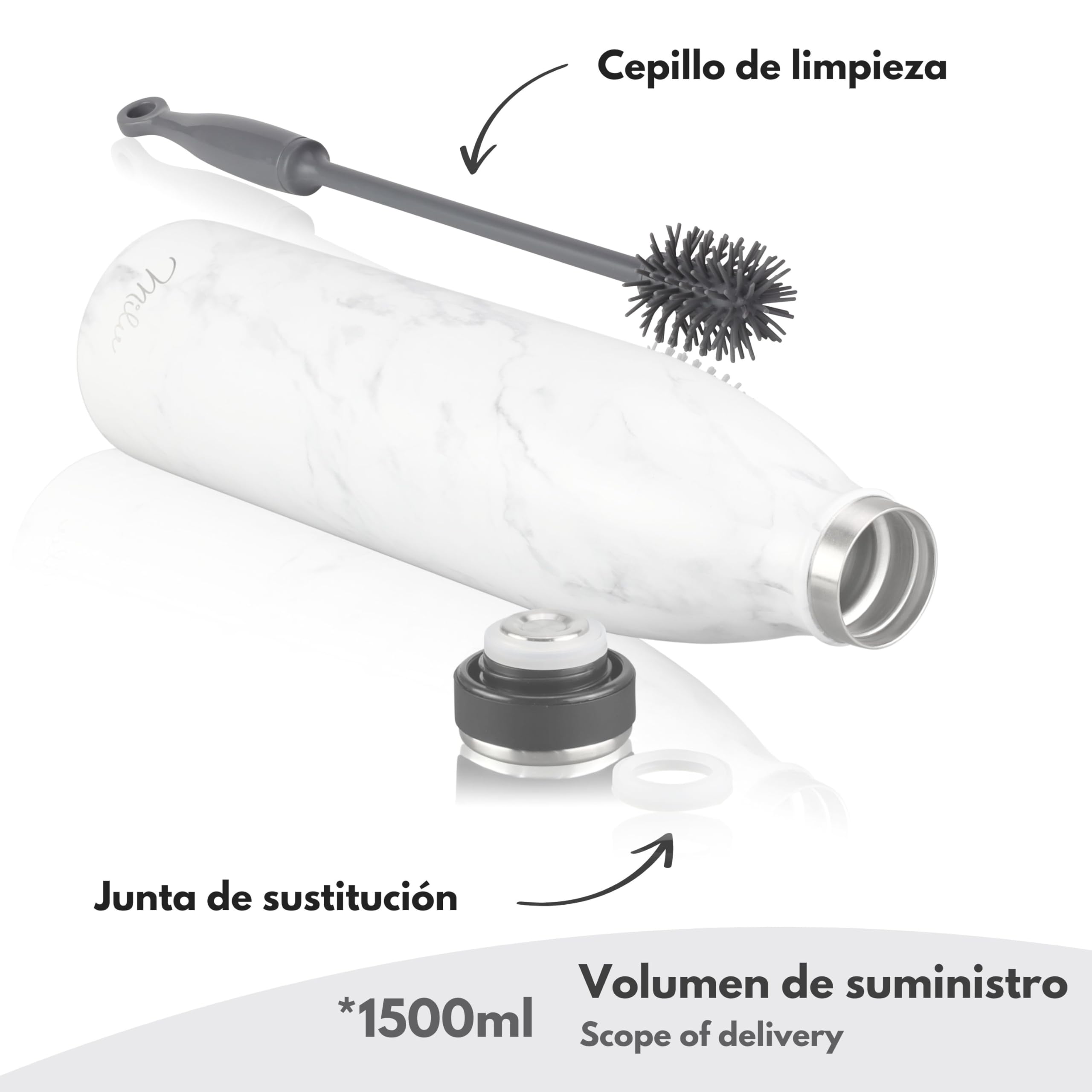 Milu Botella de acero inoxidable de 350ml 500ml 750 ml 1 L 1,5 L botella de agua aislada, termo a prueba de fugas, doble pared, apta para ácido carbónico + cepillo de limpieza (Azul Violeta, 350ml) — view 231