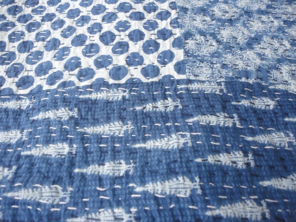 Indigo Blue Bedspread King Size Hand Block Print Machine Stitch, 90 X 108 Inches