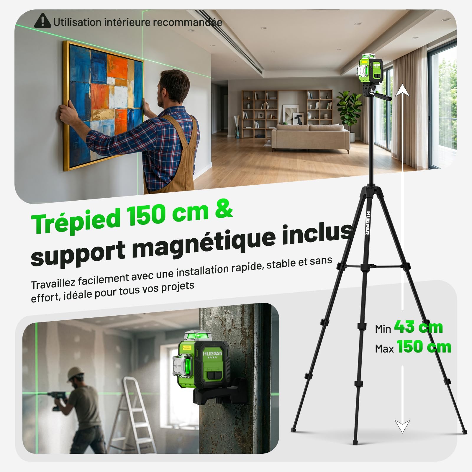 Niveau Laser 360 Autonivelant avec Trépied 152cm, Huepar 3x360 Croisé Laser Vert avec Mode Impulsion, 40m Compacte 3D Laser Niveau Rechargeable, Base Magnétique – Précision Pro pour Chantier&Bricolage