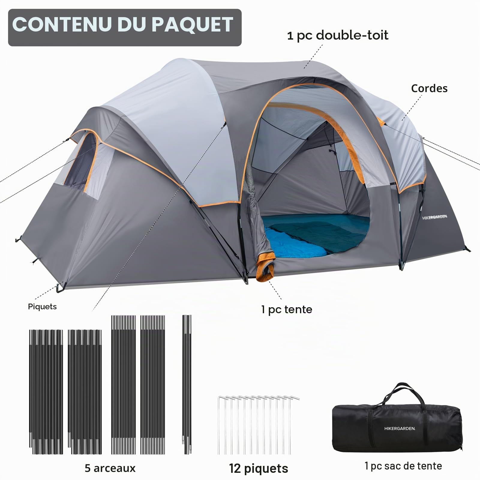 HIKERGARDEN Tente de Camping pour 6-8 Personnes – Tente familiale Portable Facile à Installer pour Le Camping, Tente dôme en Tissu Coupe- 420 x 330 x 180 cm