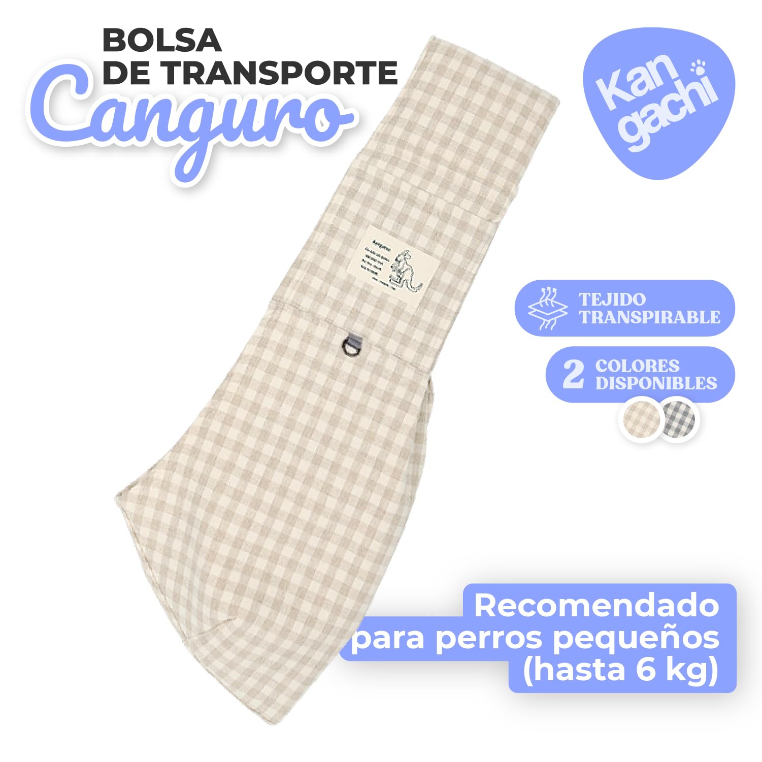 Its Dog & Kangachi - Bolsa Canguro Algodón para Perros Pequeños, Bandolera para Perro, Bolso Hombro, Acolchado de Hombro de 10 mm, Correa de Seguridad, Made in Korea, Beige Cuadros