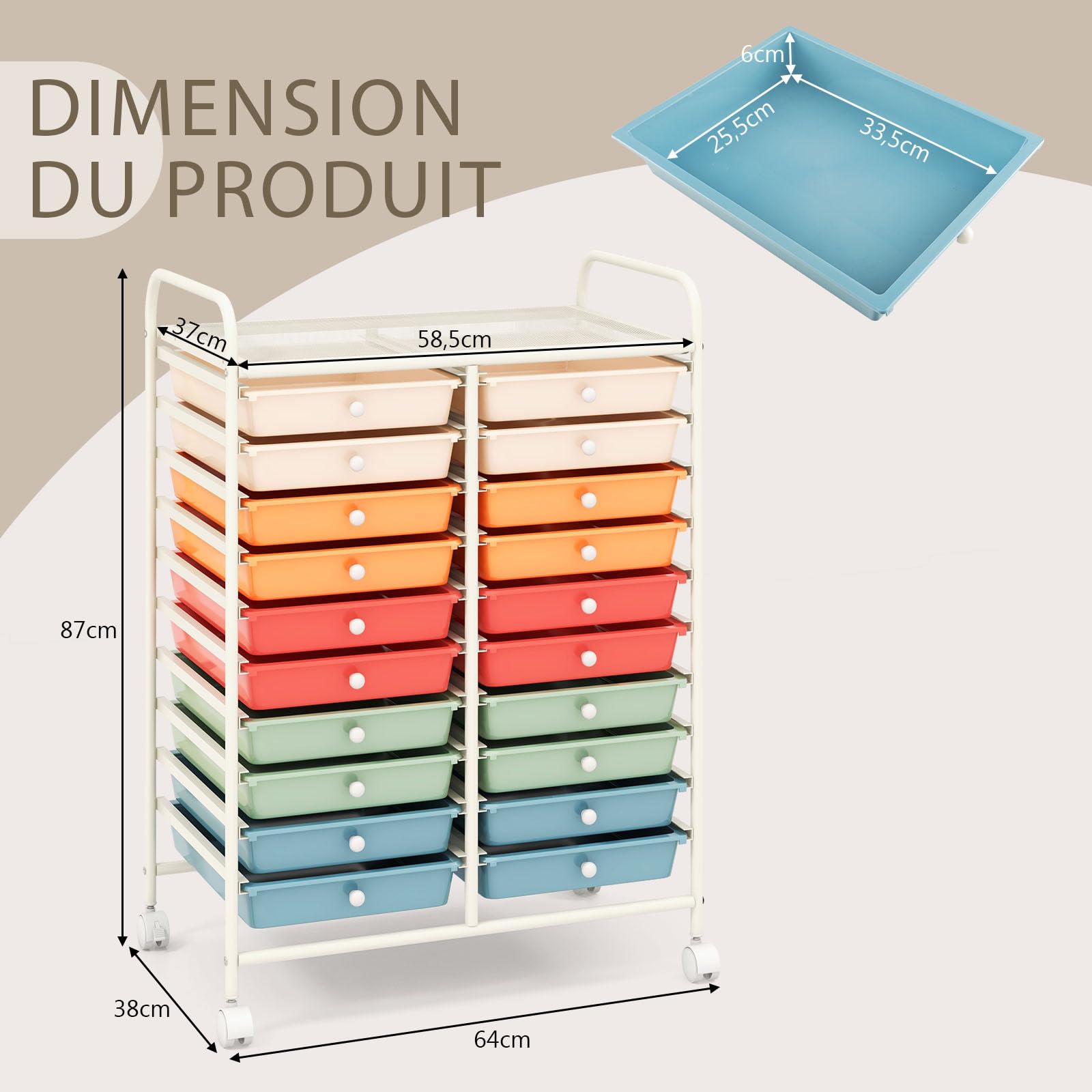 COSTWAY Chariot de Rangement à Roulette 20 Tiroirs en PP, Tour de Rangement avec Tablette, Cadre en Métal, Desserte Meuble Tiroir pour Cuisine Salle de Bain École (XL | 20 tiroirs,Multicolore)