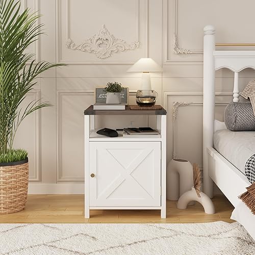 Miniatura 12 de Mesita de noche de granja con estación de carga, mesa auxiliar rústica para dormitorio con almacenamiento, mesa auxiliar para sala de estar, mesita