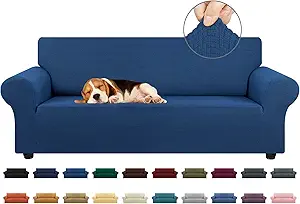 KEKUOU Stretch Sofa Cover Slipcover ,Couch Covers for 3 Cushion Couch Sofa pet Friendly (78"-94") Furniture Protector Sofa with Elastic Bottom for Kids,Dog, Jacquard Small Checked(Large,Classic Blue)