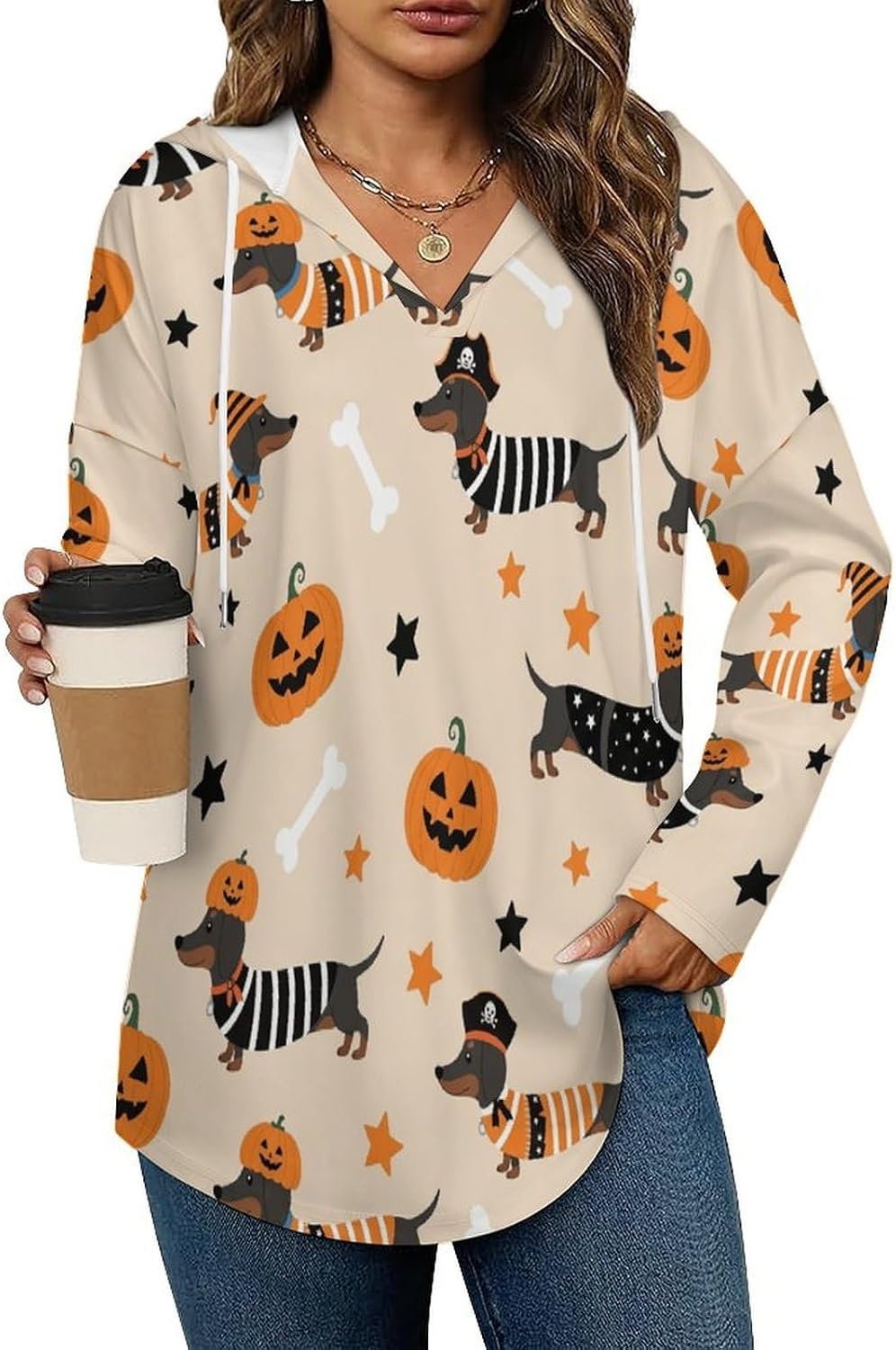 Women's V-Neck Hoodie with Drawstring Long Sleeve Lightweight Pullover, Loose Fit Sweatshirt for Casual Fashion Top