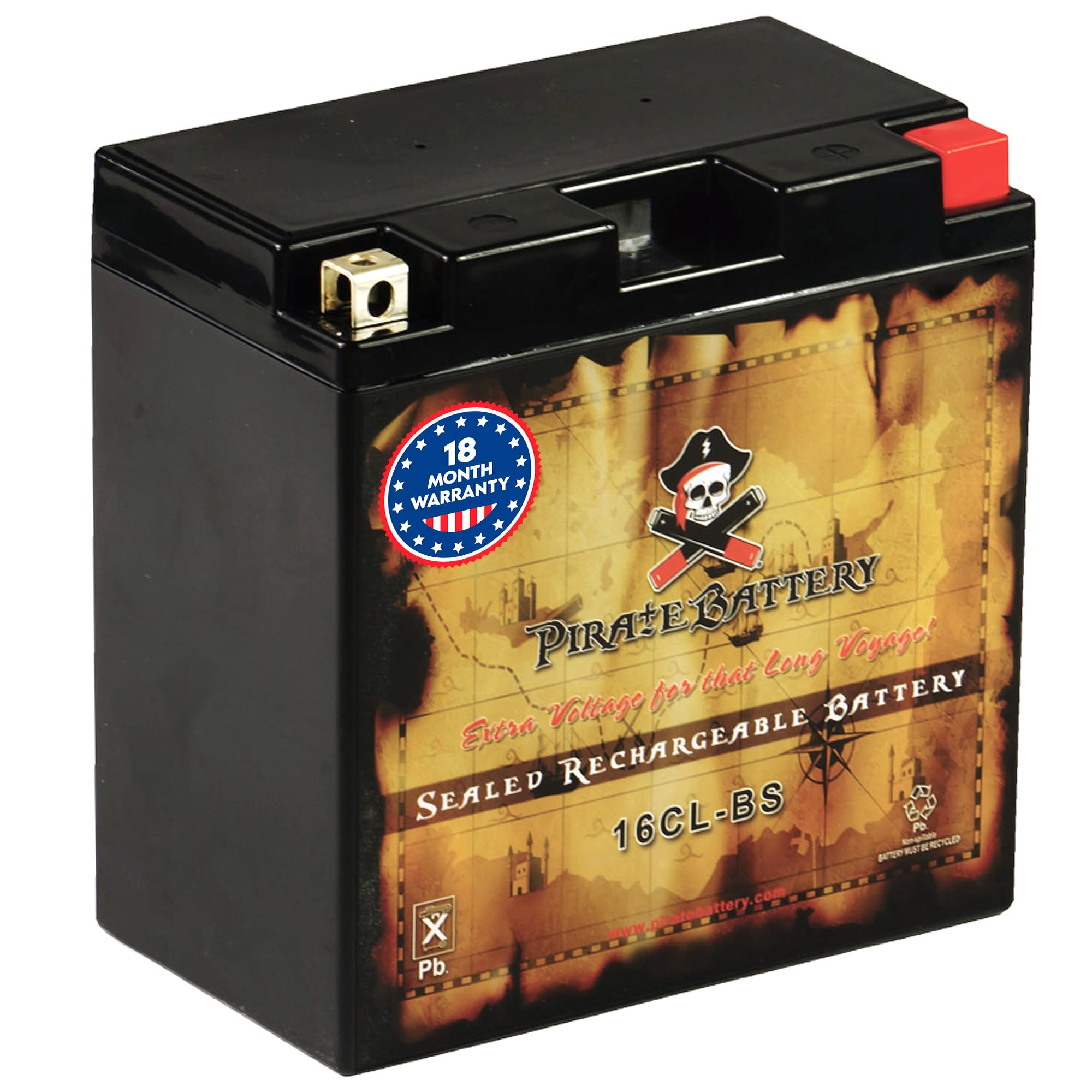 Pirate Battery YB16CL-B 12 V 240 CCA AGM – Maintenance-Free 19 Ah Battery for Jet Ski, ATV, Snowmobile, Motorcycle – T3 Nut & Bolt Terminal – Fits Sea-Doo GTI & Yamaha WaveRunner VX