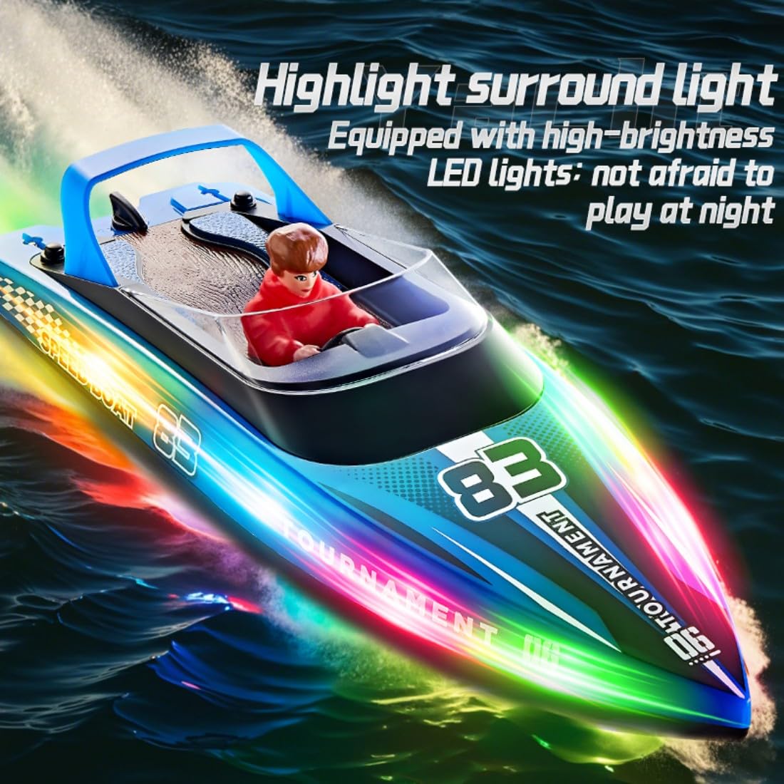 HJ821 - Lancha rápida a control remoto para adultos, 2.4 GHz de doble hélice de alta velocidad RC lancha de carreras con luces, modelo de embarcación eléctrica para piscina, lago