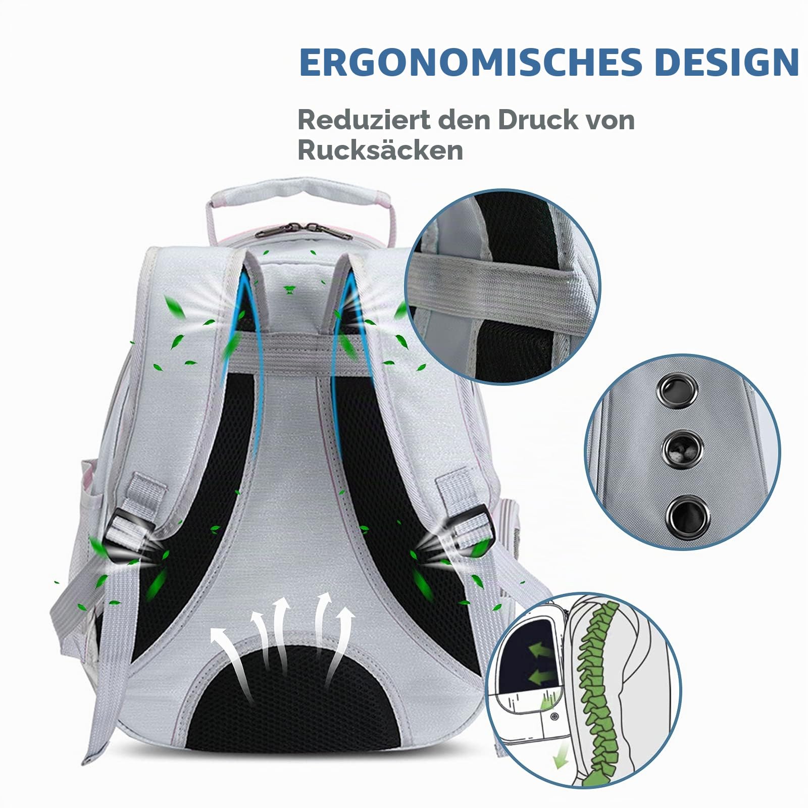 PETCUTE Katzenrucksack für Katzen und Kleine Hunde,Atmungsaktive Hunderucksack mit Abnehmbarer Matte,Katzen Rucksack bis 6kg,Faltbare Haustier Rucksack mit Transparentes Fenster,für Reisen Hellgrau