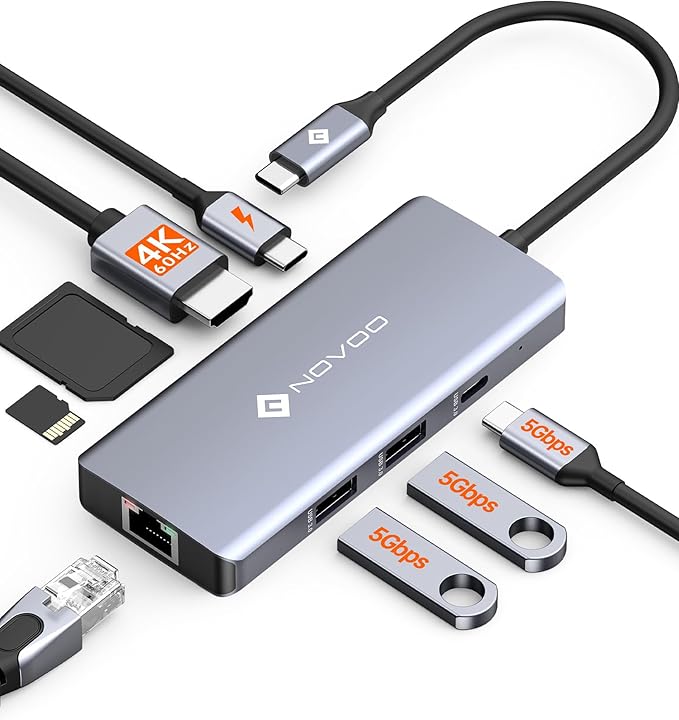 NOVOO Docking Station USB C 8 in 1, Hub Multiporta con HDMI 4K@60Hz, Ethernet Gigabit, 3×USB 3.0, Ricarica PD 100W, per MacBook/Steam Deck/Samsung/iPhone/iDispositivi Type-C