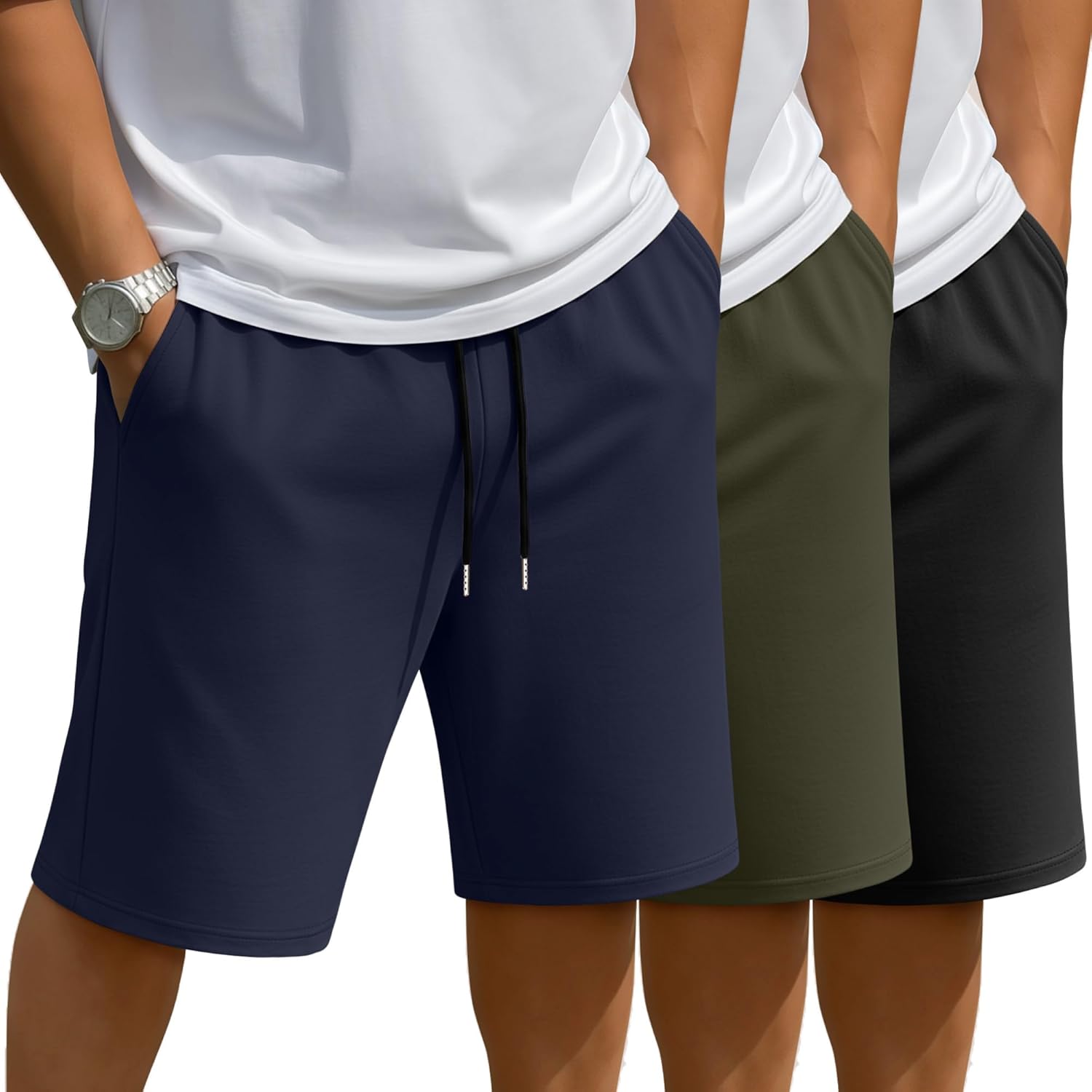 3 Pack Men's Big and Tall Shorts Drawstring Plus Size Basic Casual Summer Bermuda Sweat Shorts with Pockets