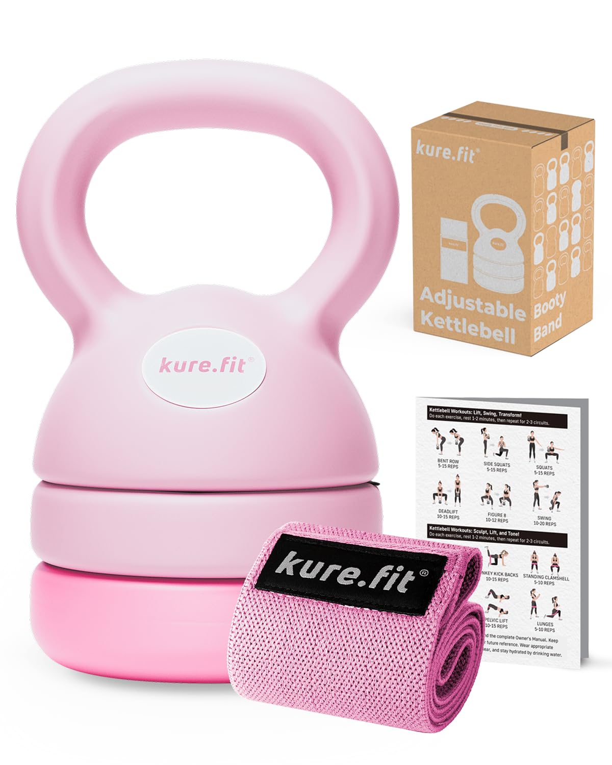 kure.fit Adjustable Kettlebell | 2.3 kg– 5.4 kg | Home Gym Kettlebell & Fabric Resistance Band Set | For Strength, Cardio, Full-Body Training | Ideal for Women & Beginners | Pink