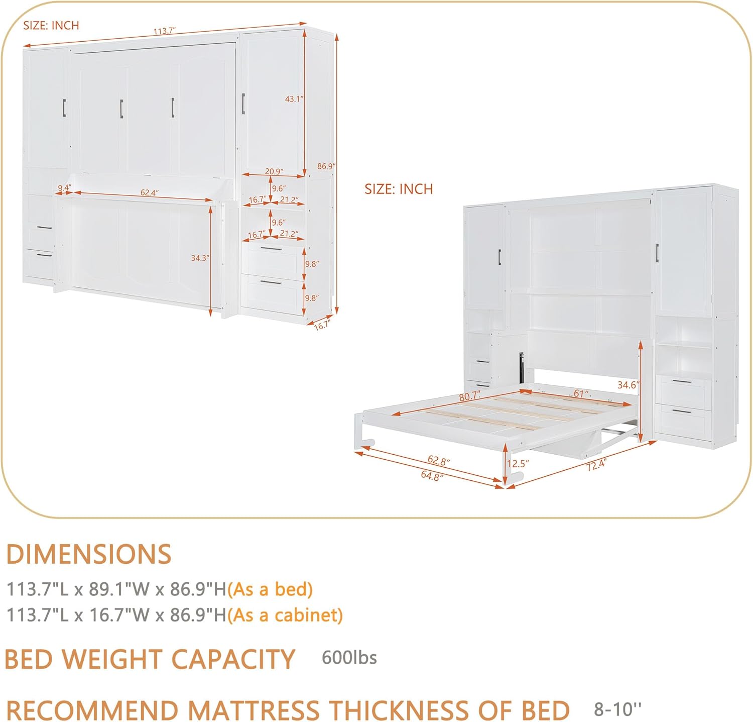 Dimensions of Polibi Queen Size Murphy Bed in cabinet and bed configurations