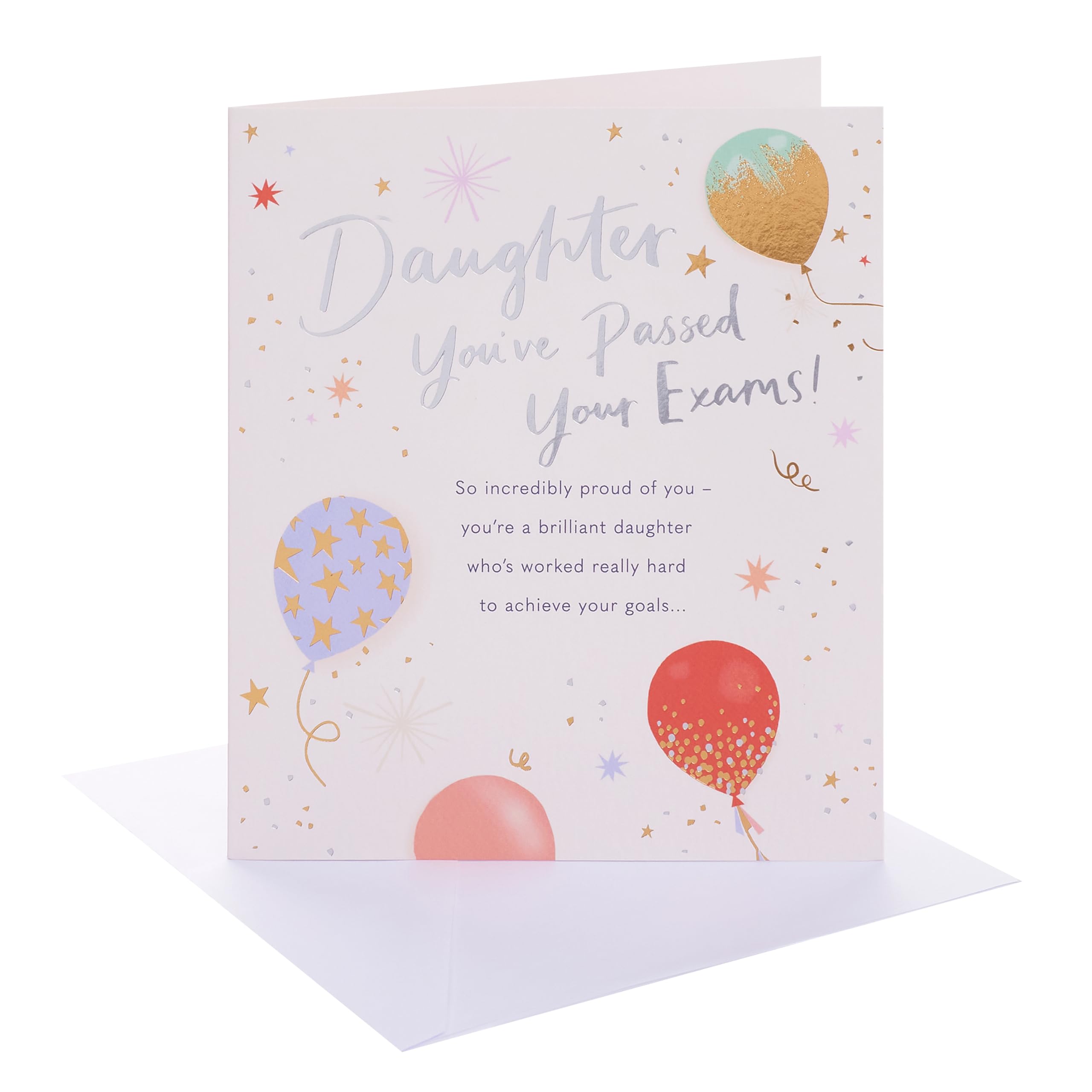 UK Greetings | Congratulations Card for Passing Exams Daughter | Congratulations/Proud of You | Her, Girls, Women | Balloons Design | With Envelope | 15.9 x 18.4 cm