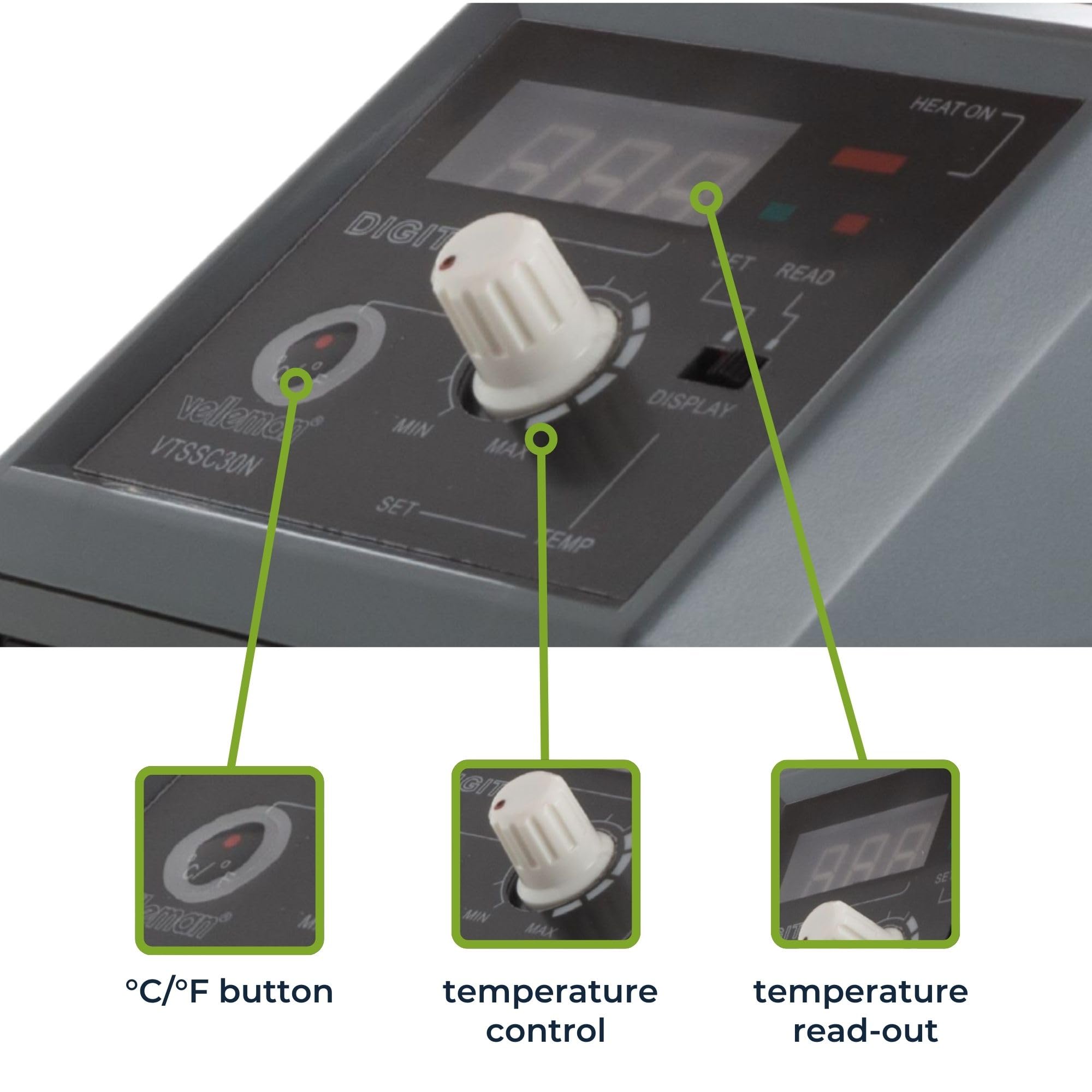 Velleman Estación de soldadura con pantalla LED y elemento calefactor cerámico, 48 W, rango de temperatura de 160-480 °C, mango cómodo, adecuada para profesionales o aficionados al bricolaje, gris