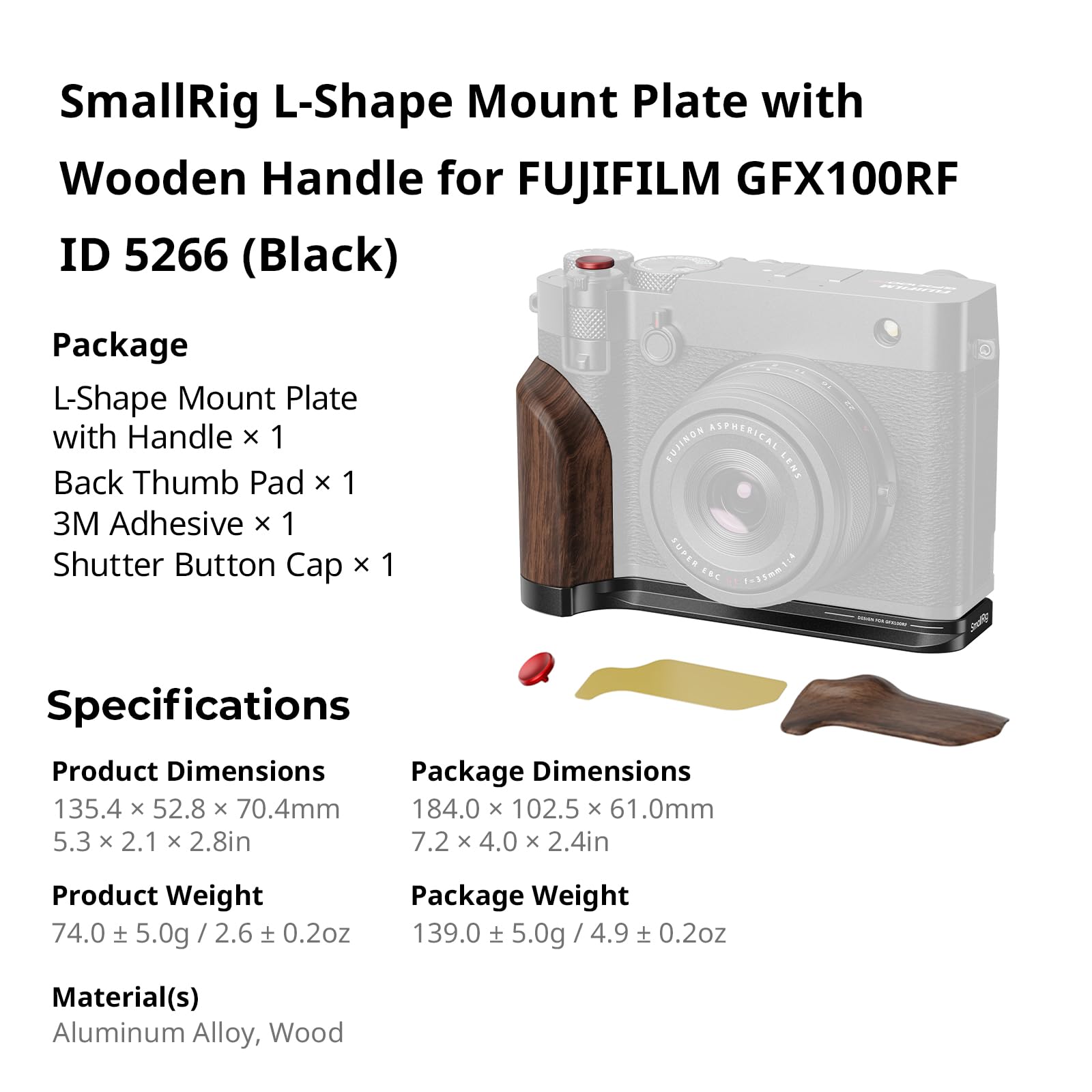 SMALLRIG Empuñadura de madera para Fujifilm GFX100RF, placa de montaje en forma de L con mango de doble cara (delantera y trasera), placa de liberación rápida integrada para Arca, disparador, 15 lb/70